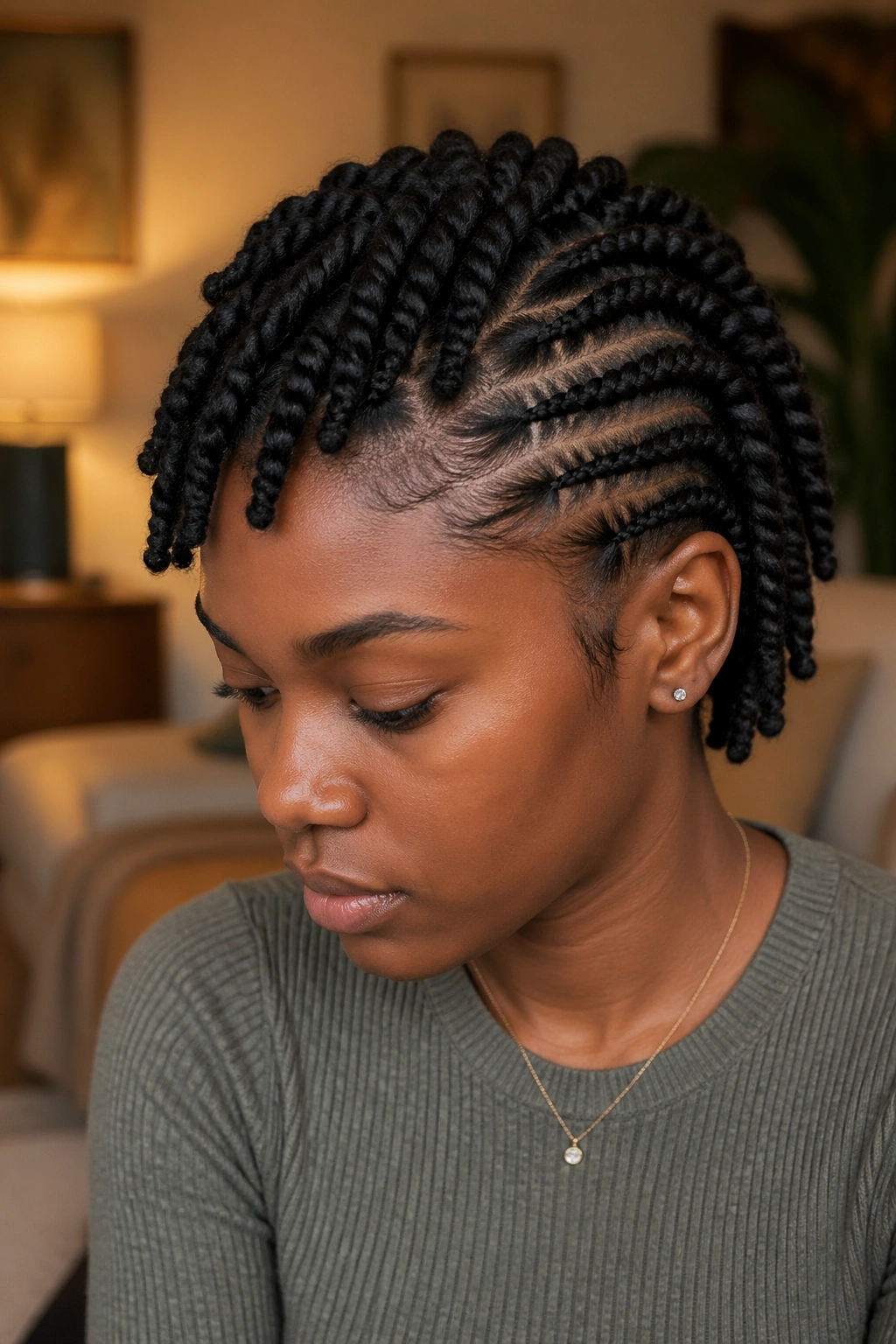 Short cornrows with chunky two-strand twists on a real person, perimeter braids and chunky twists at the crown.