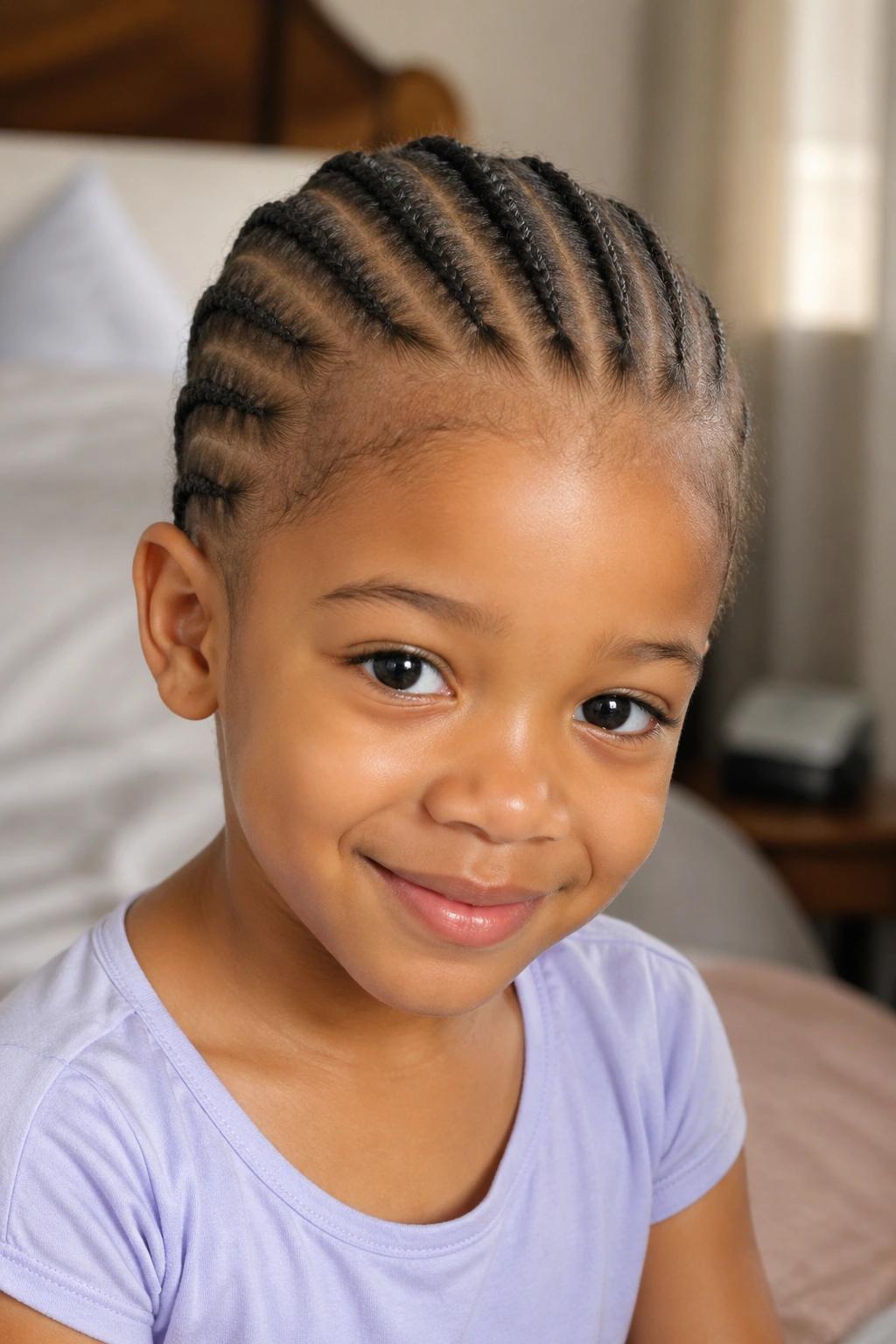Close-up of a real child with four tiny cornrows on very fine hair in a softly lit room