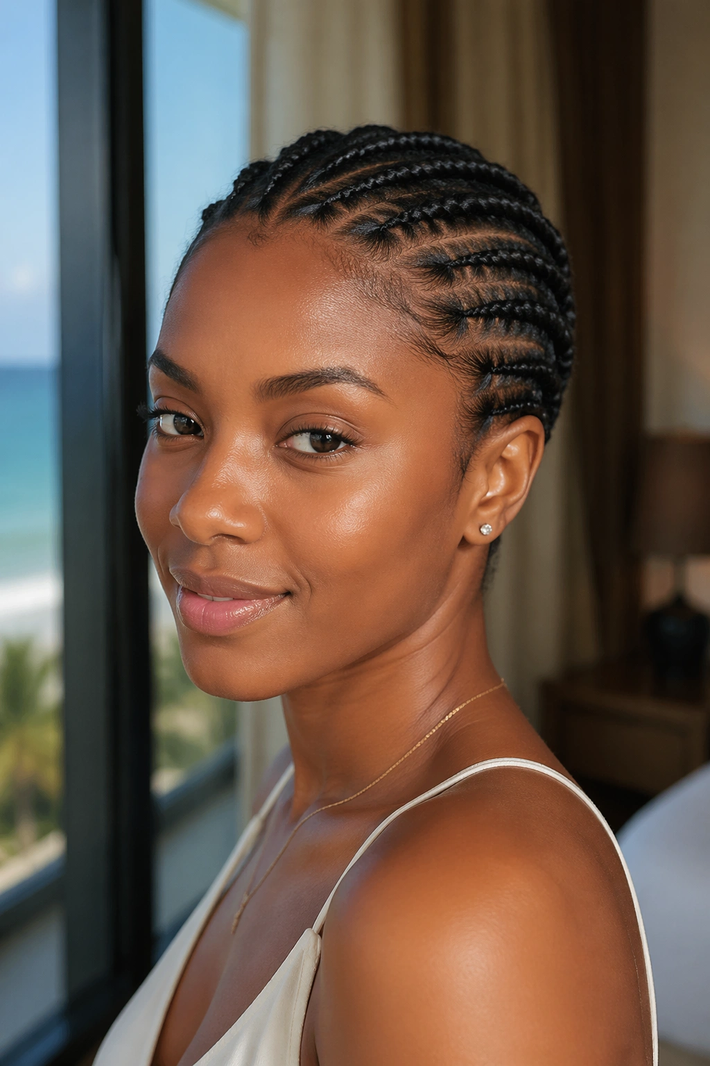 Close-up of a real woman with short cornrows in a hotel room setting