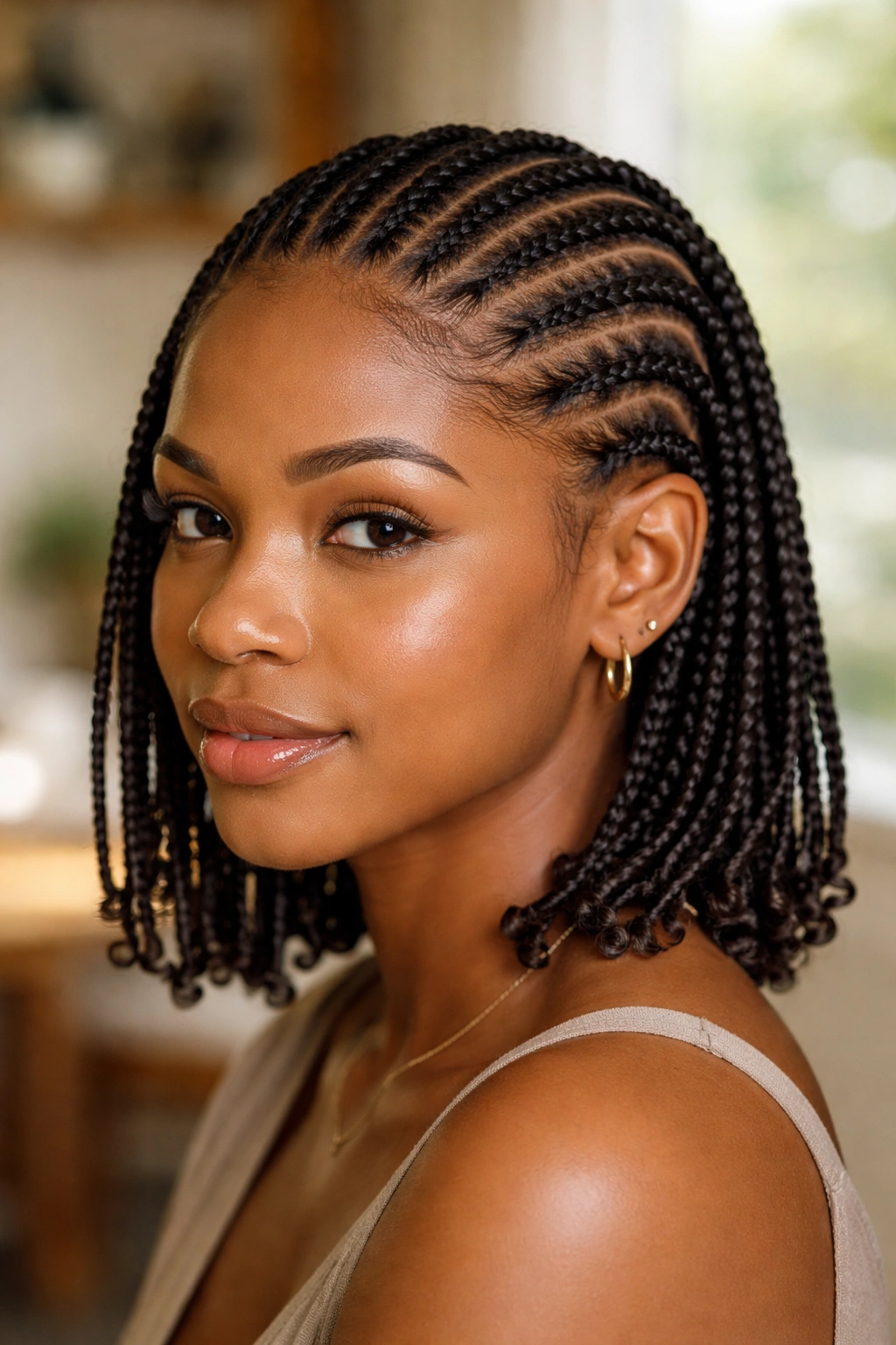 Close-up of real person with short cornrows showing shoulder-length braids