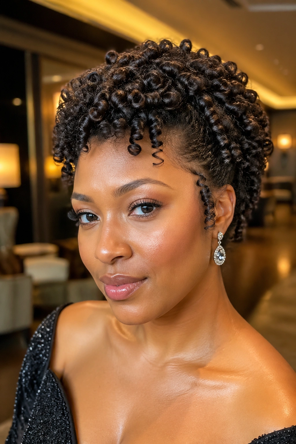 Real woman with short crochet hairstyle in formal silhouette