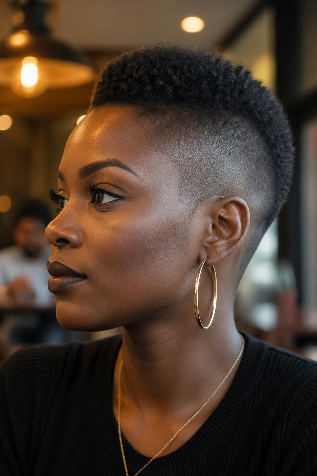 Close-up of a real woman with a short cropped mohawk