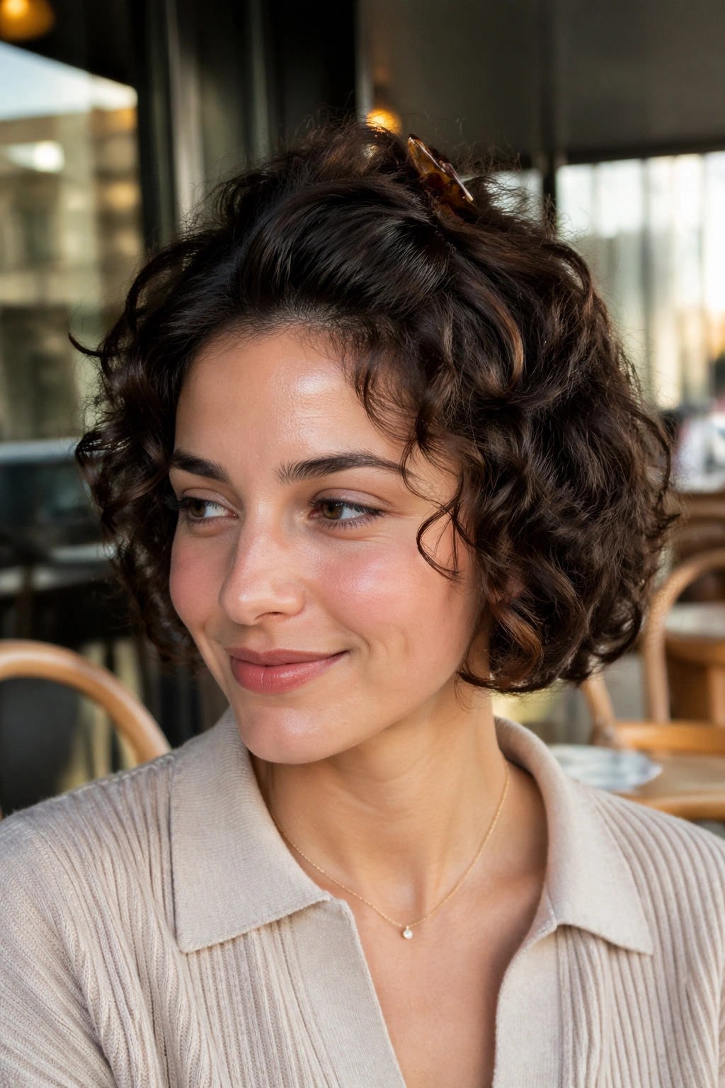 Real person with chin-length curls pinned up at the crown using a small clip
