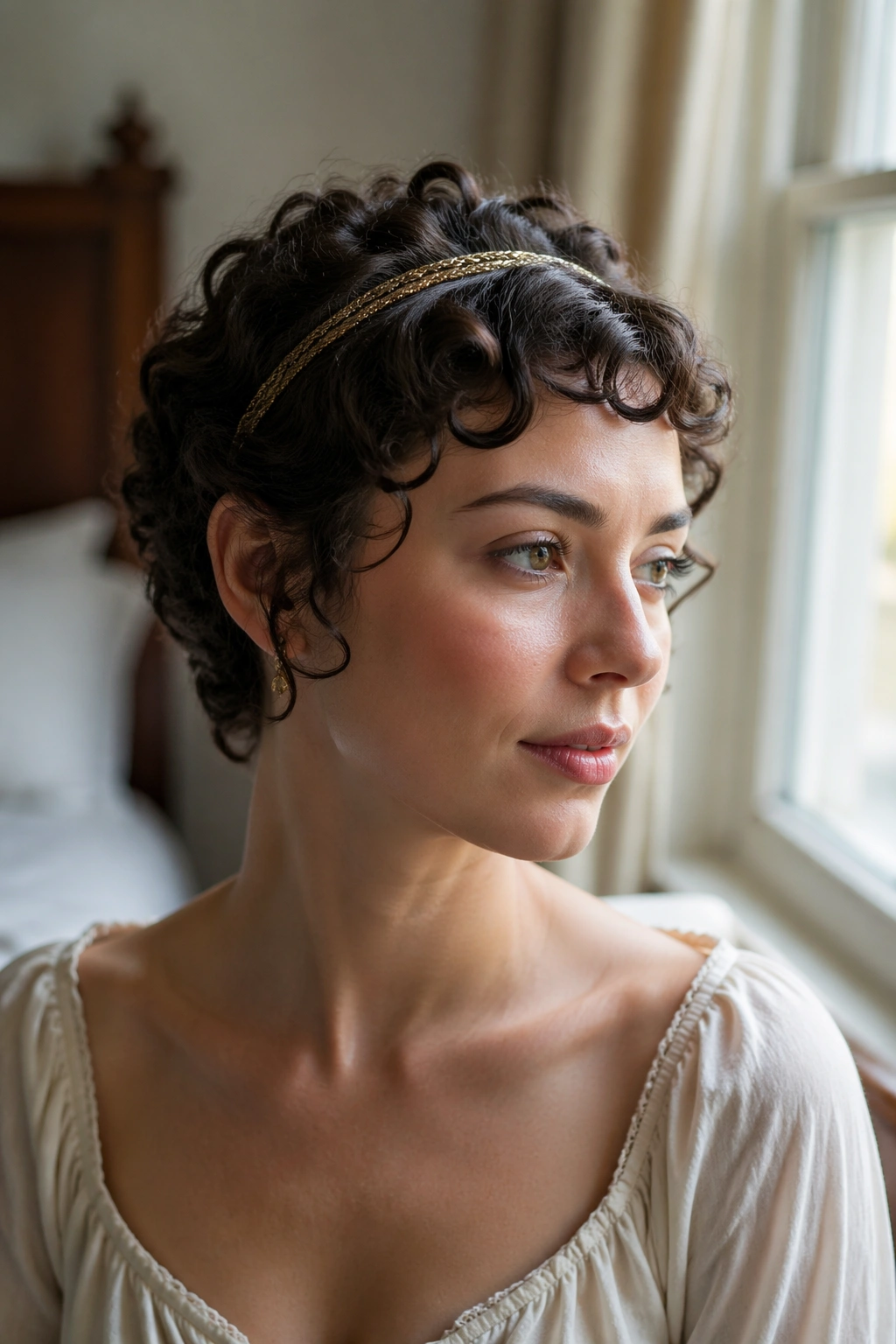 Close-up portrait of a real woman with a short curly crop and narrow crown band