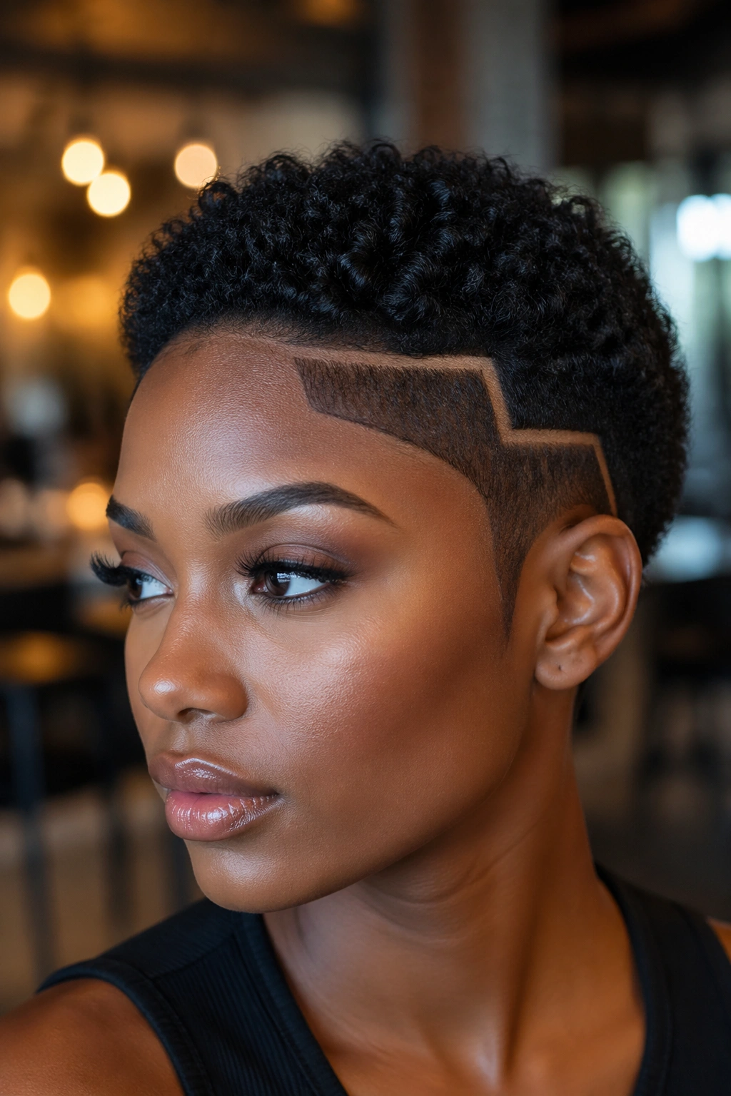 Close-up of a real woman with short curls and bold geometric edges at the hairline.