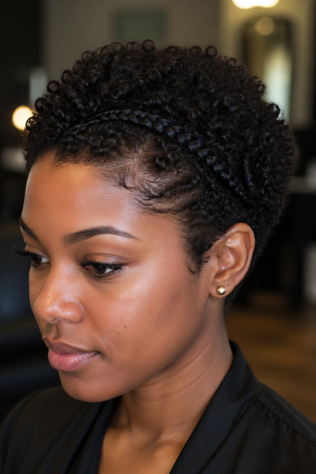 Close-up of short curls featuring a braided accent on a real person