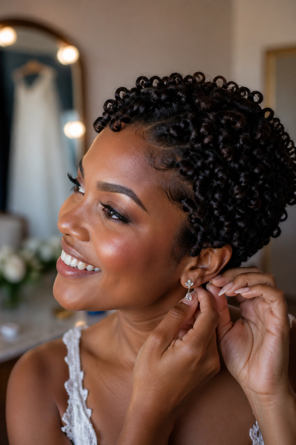 Bride with well-moisturized, defined short curls ready for wedding