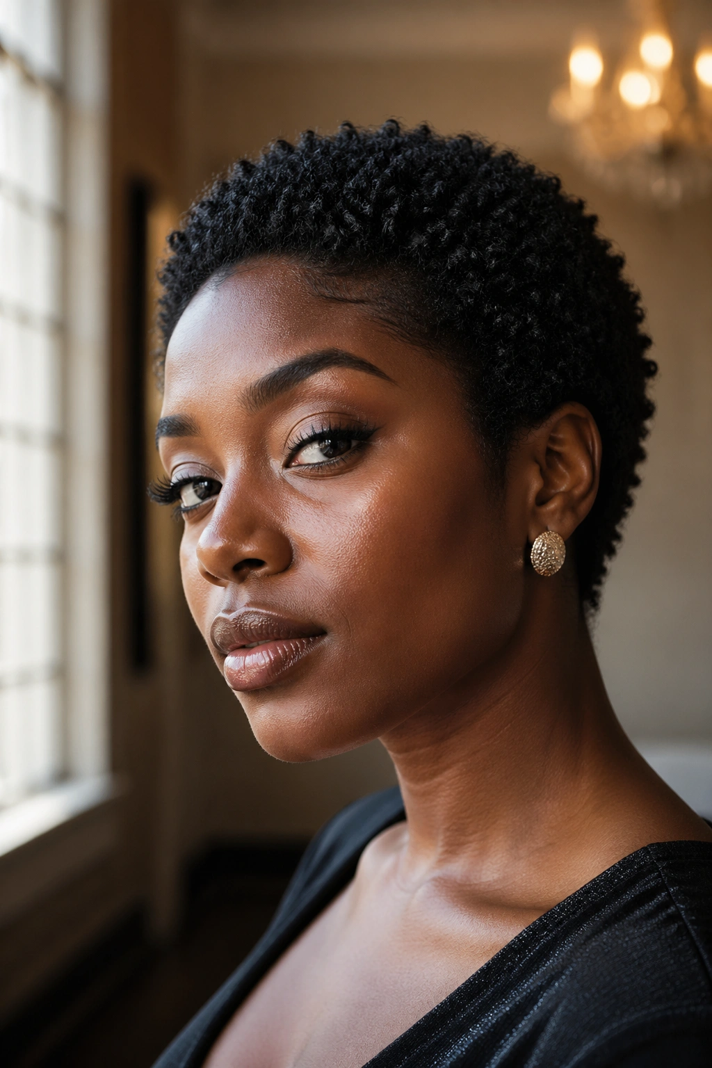 Close-up portrait of a real woman with short curly hair in a formal indoor setting