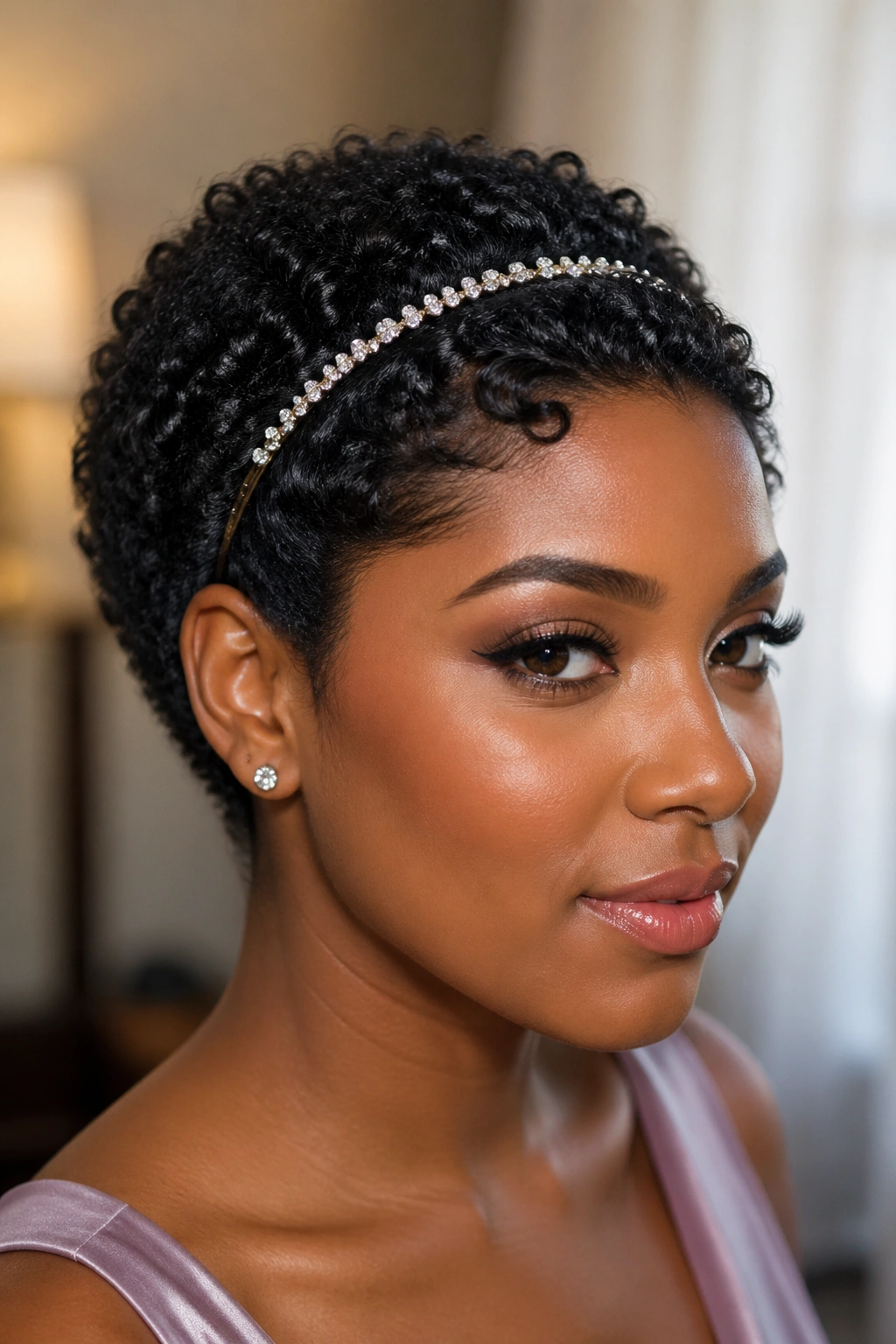 Close-up of a real woman with short curls and a rhinestone headband across the crown