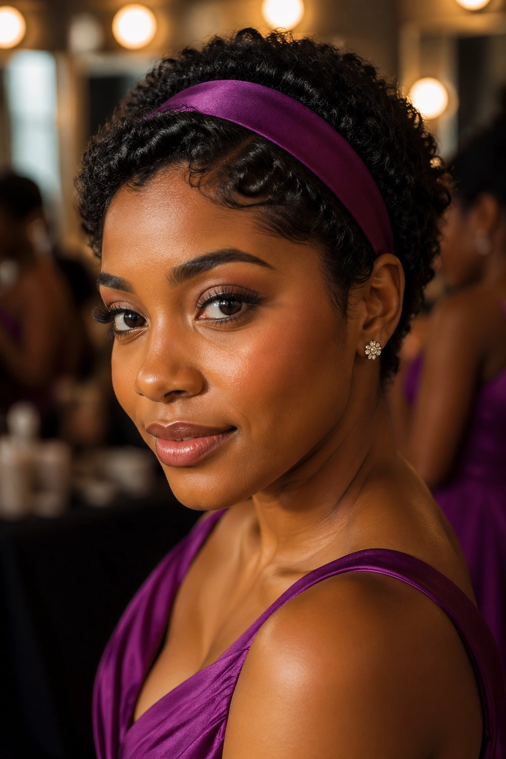 Close-up portrait of a real woman with short curls and a wide satin headband coordinating with her prom dress