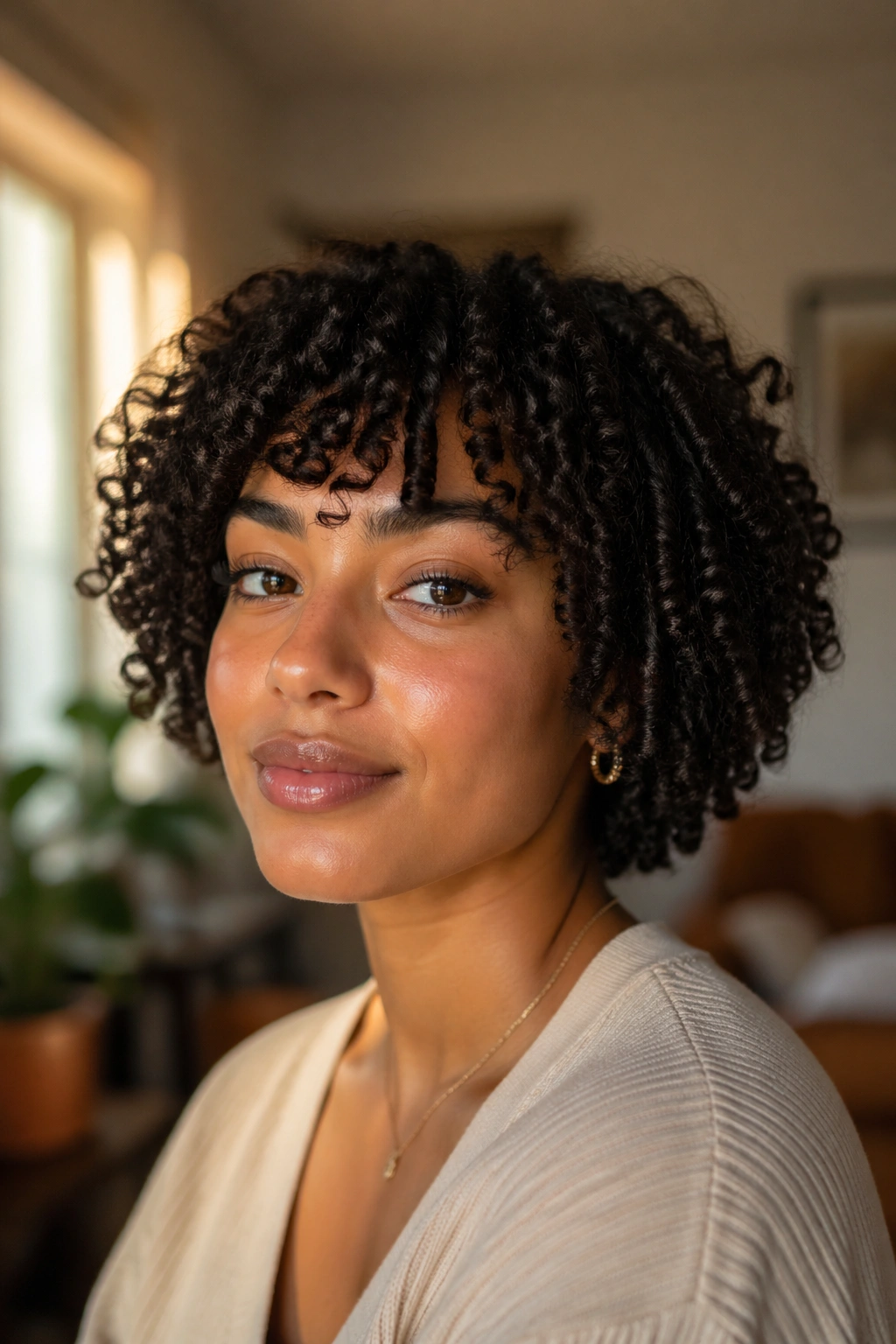 Close-up of chin-length natural curls showing shrinkage