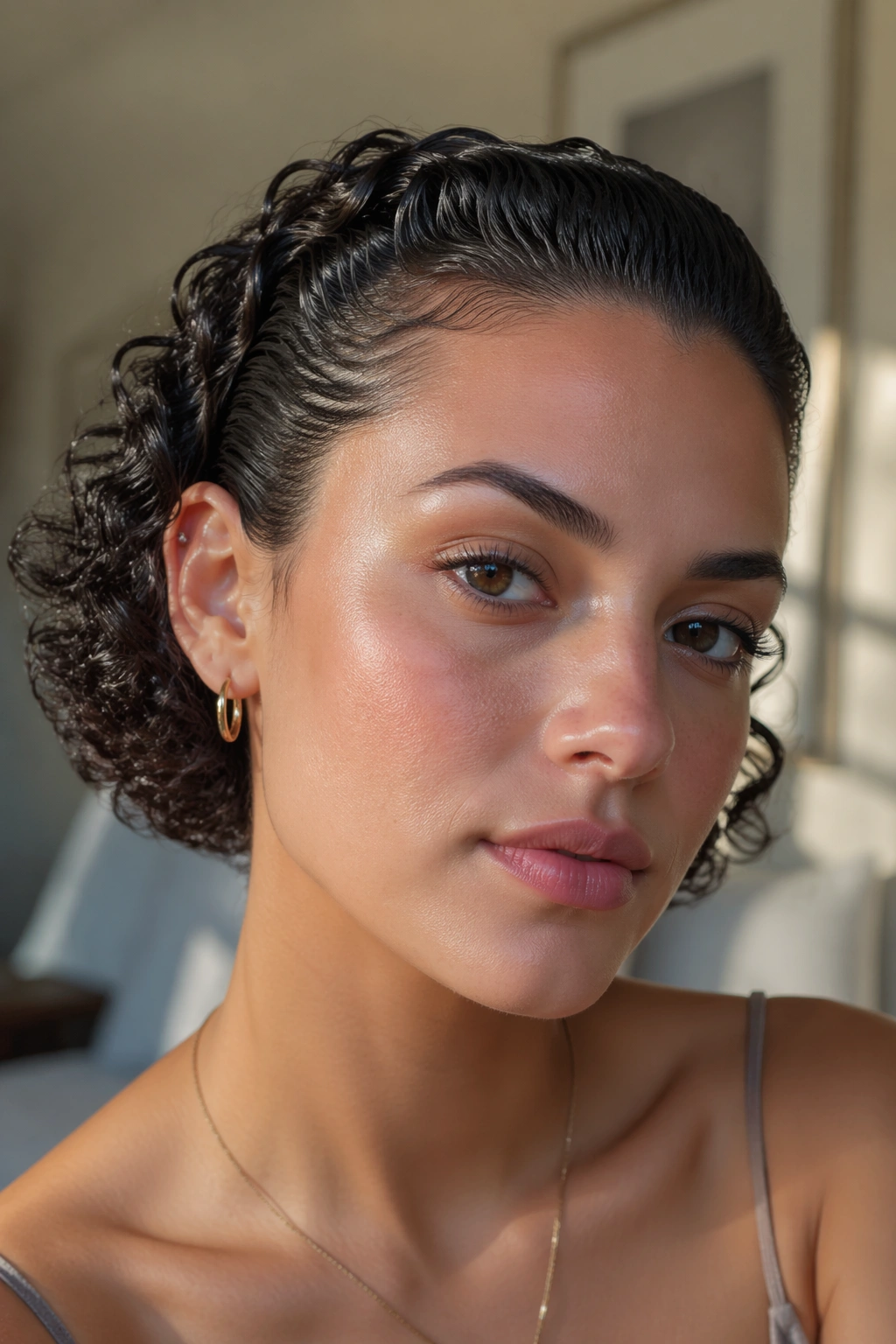 Close-up of a real woman with slicked-front curls and defined ends under natural window light
