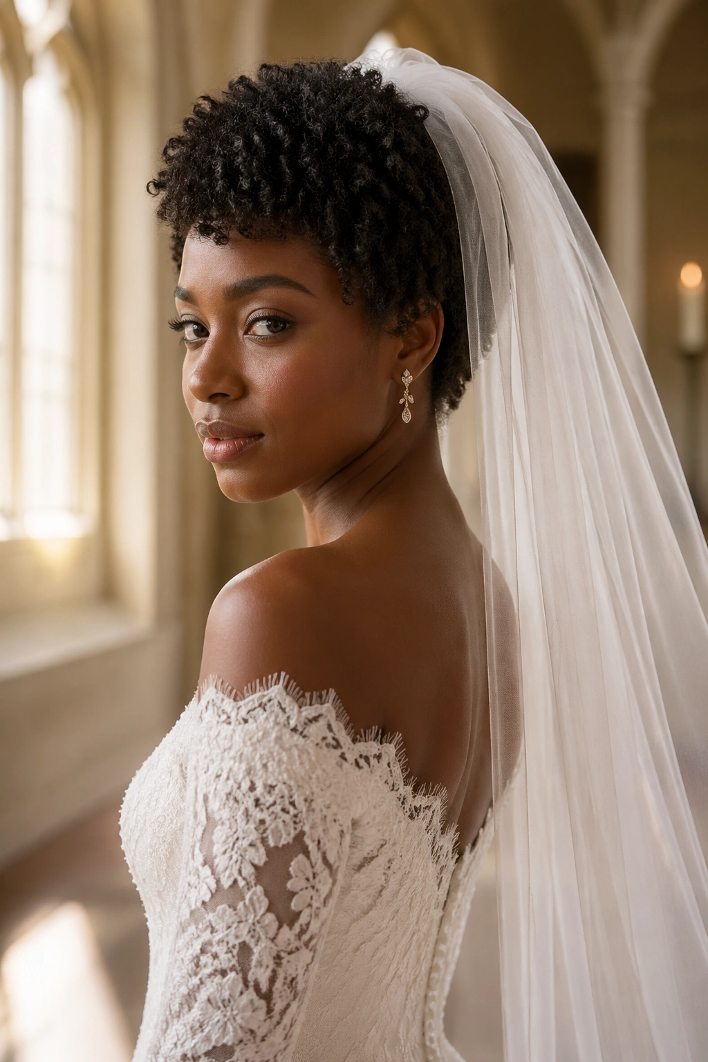 Close-up of a real bride with short natural curls and a long veil in a chapel