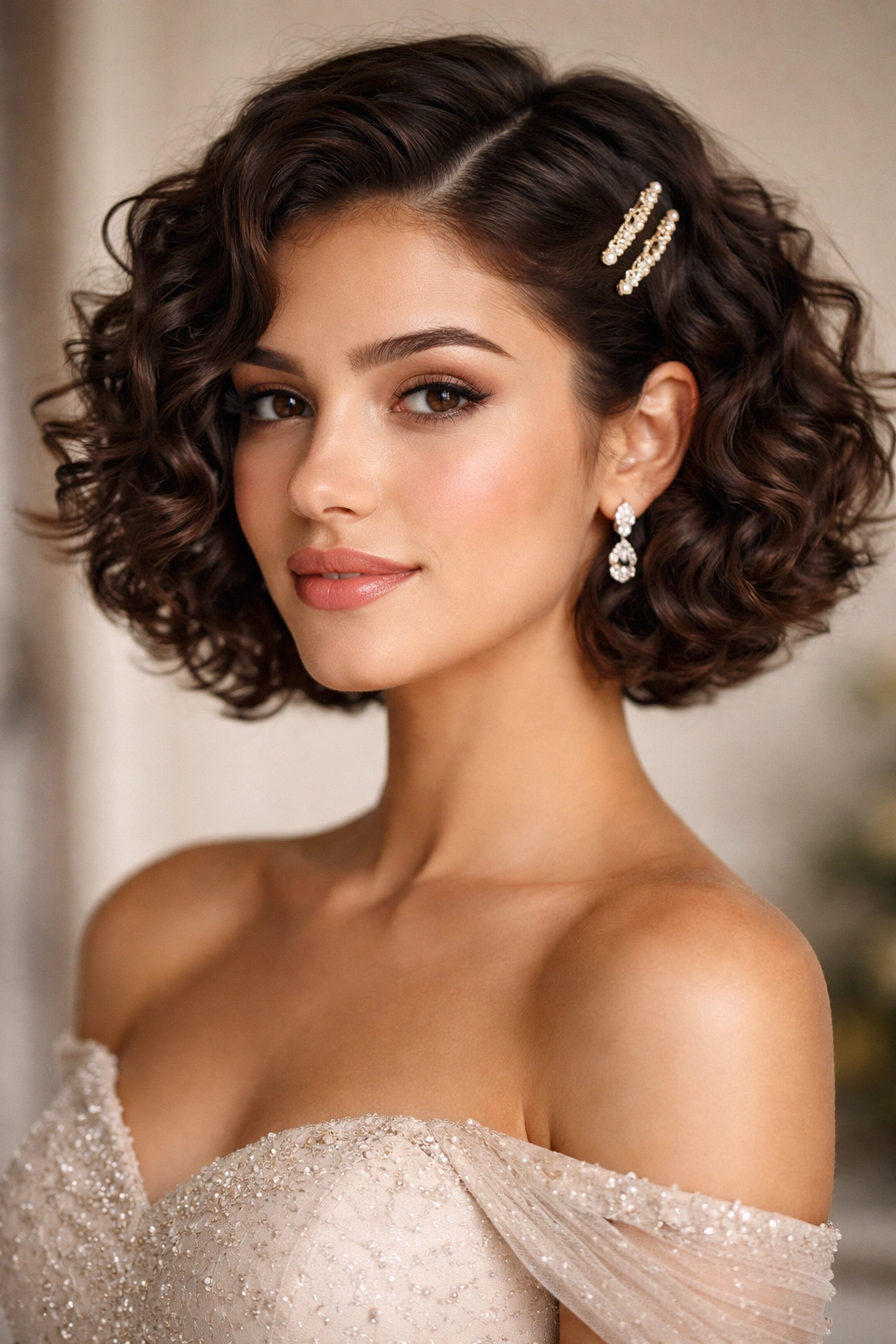 Close-up of short curly bob with side clips on a real person