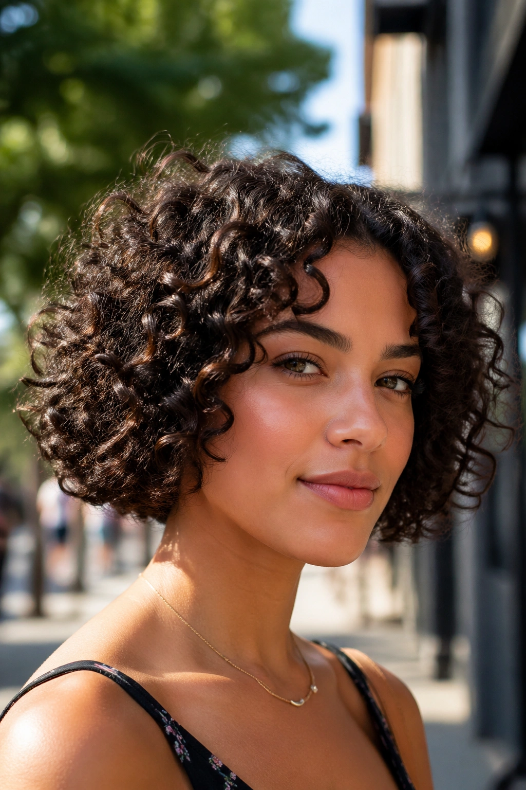 Real person with chin-length curly bob showing defined curls outdoors