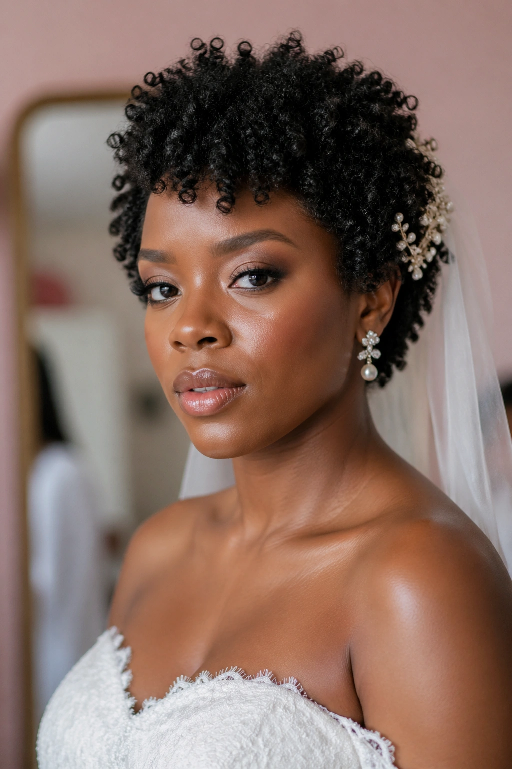 Real bride with a short curly bridal look, communicating vision through hairstyle