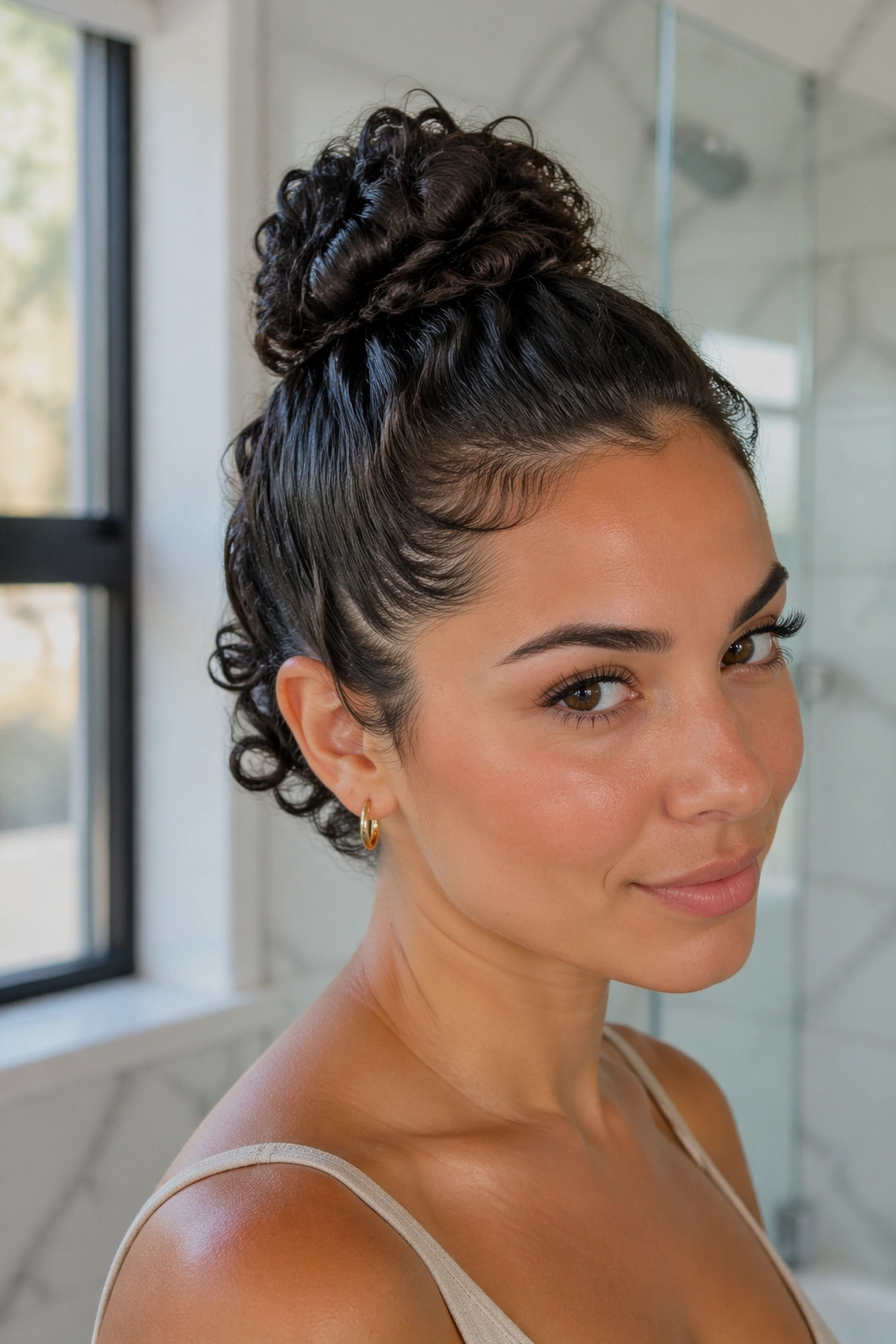 Short curly hair tucked into a sleek bun at the crown