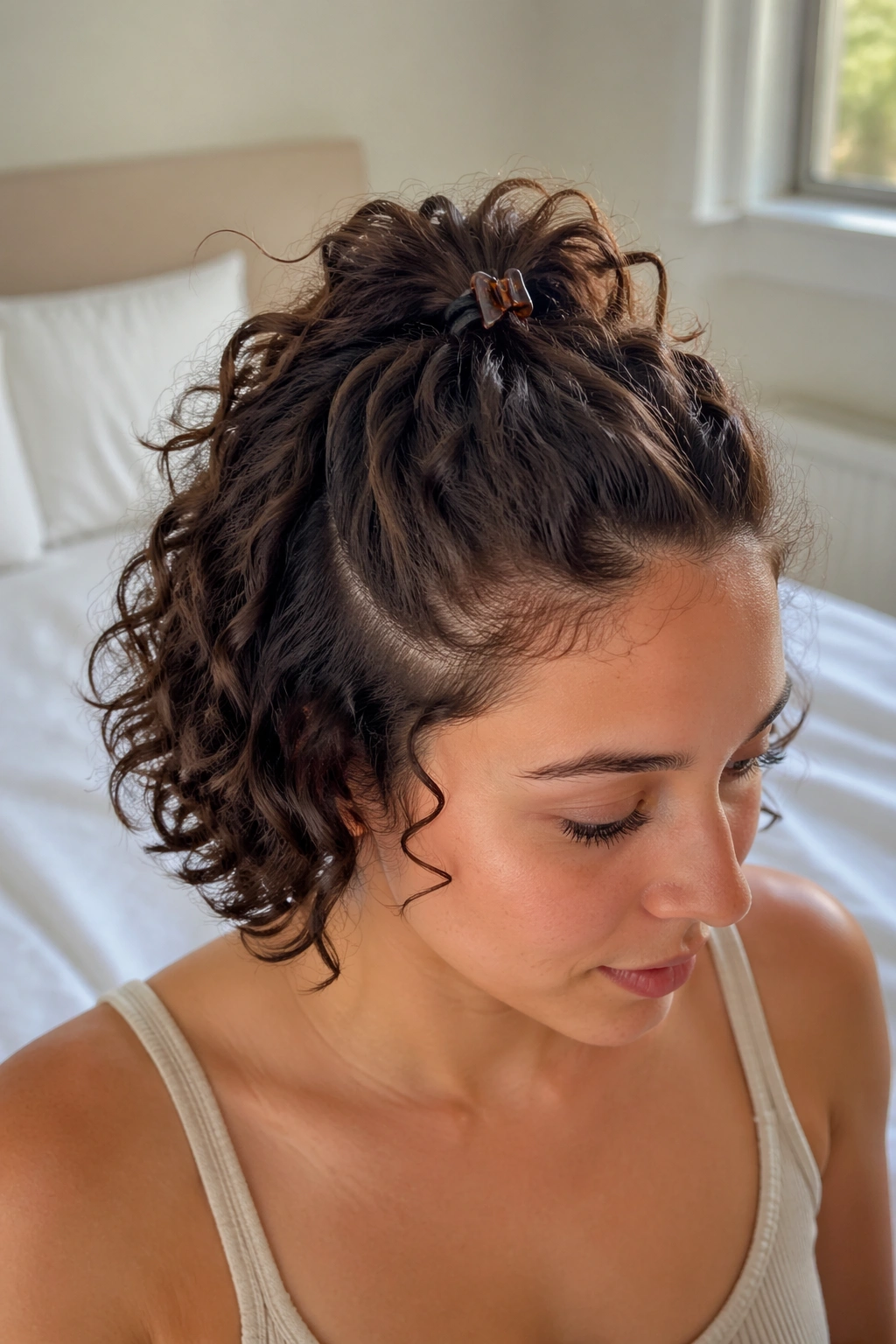 Portrait of The Short Curly Hair Half Ponytail with lifted top on short curls.