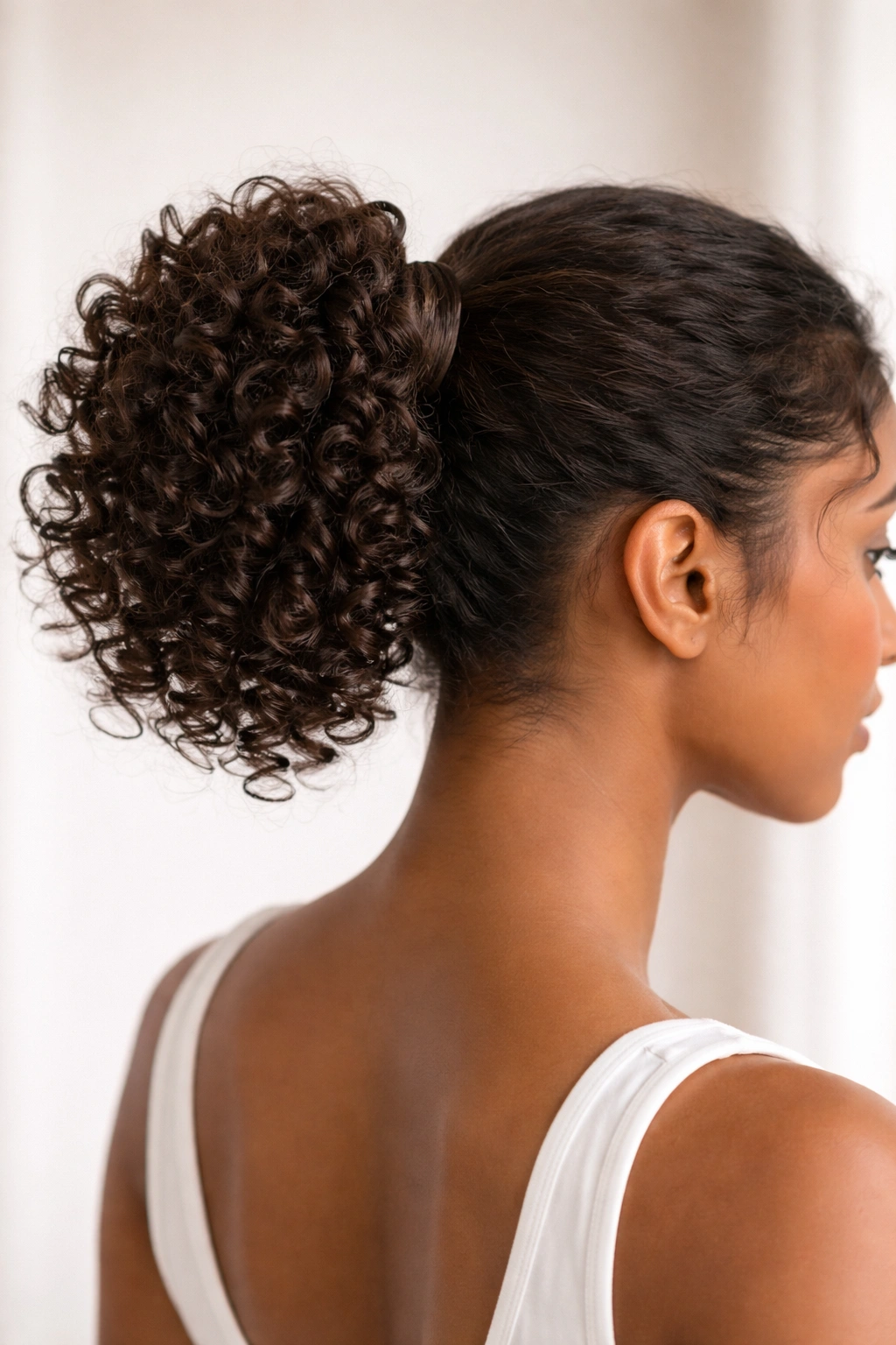 Close-up of short curly ponytail extension with wrap around base