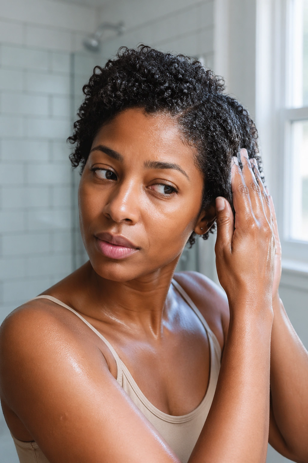 Person with short curls applying leave-in conditioner to damp hair