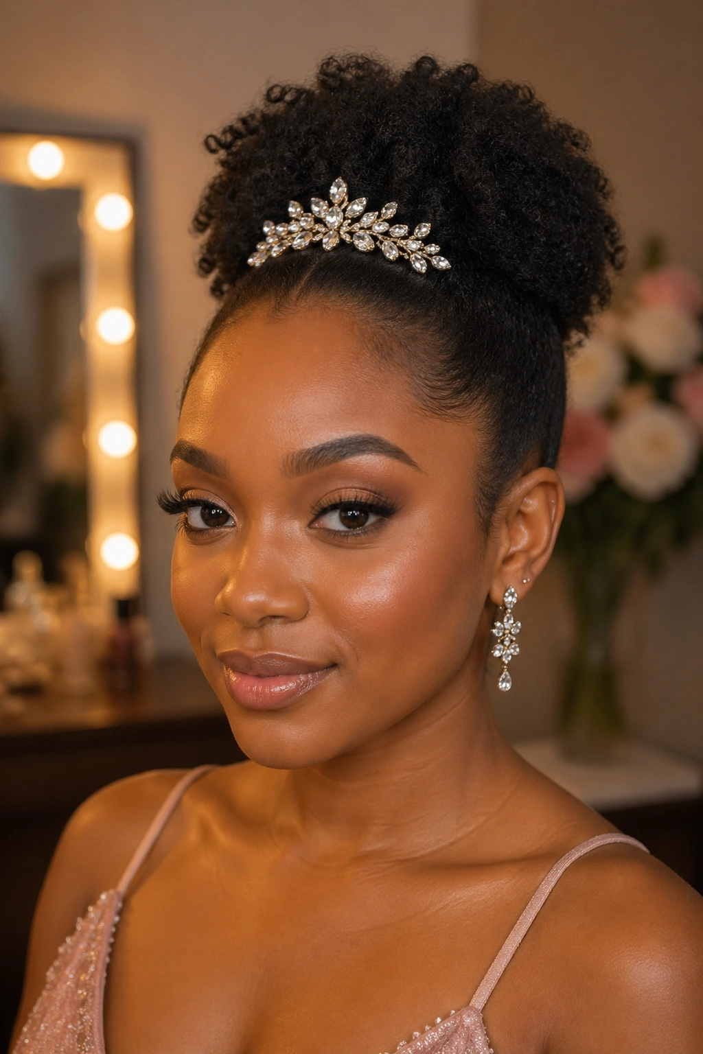 Close-up of short curly puff with jeweled comb for prom.