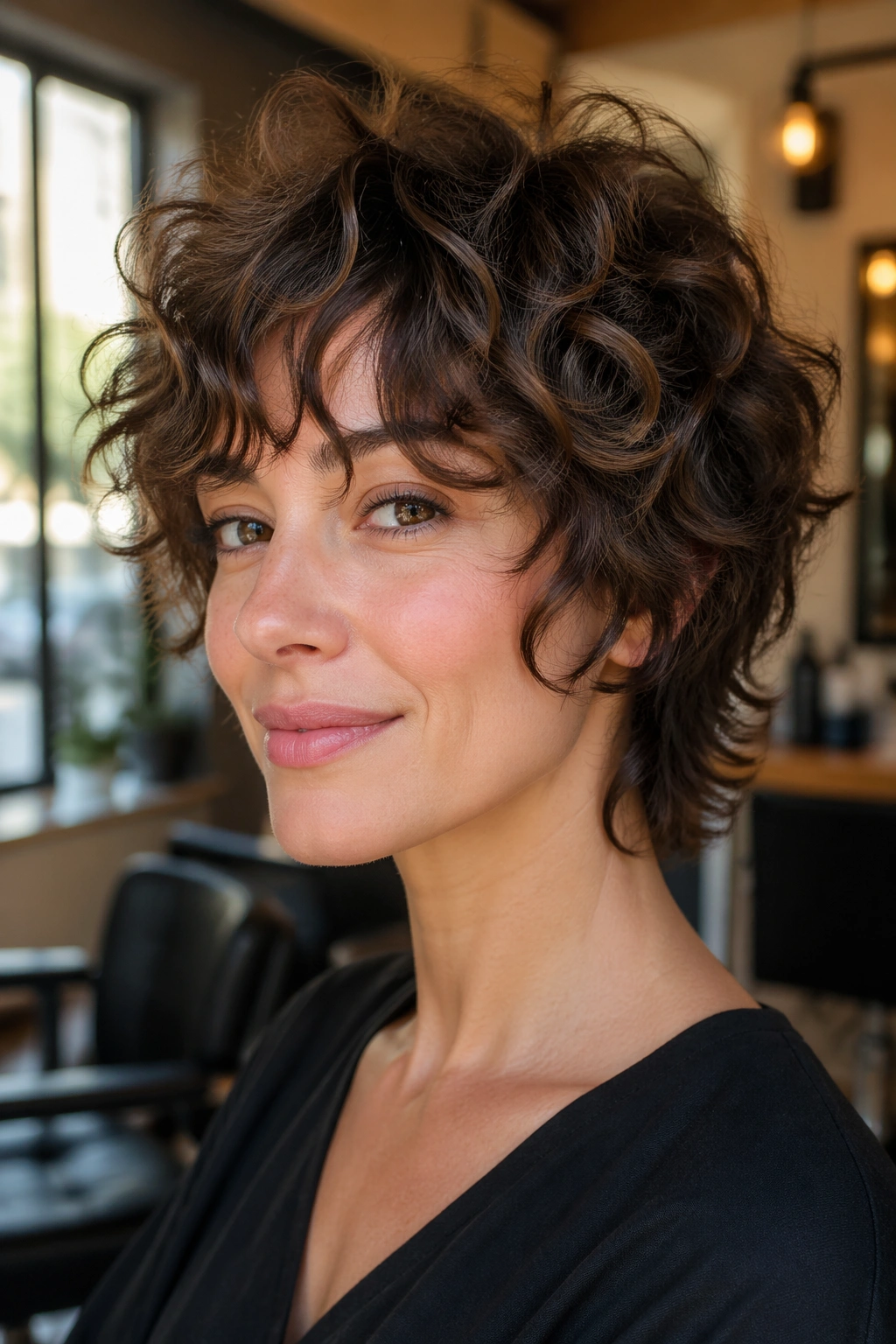 Close-up of a real woman with a short curly shag featuring airy crown layers in salon light