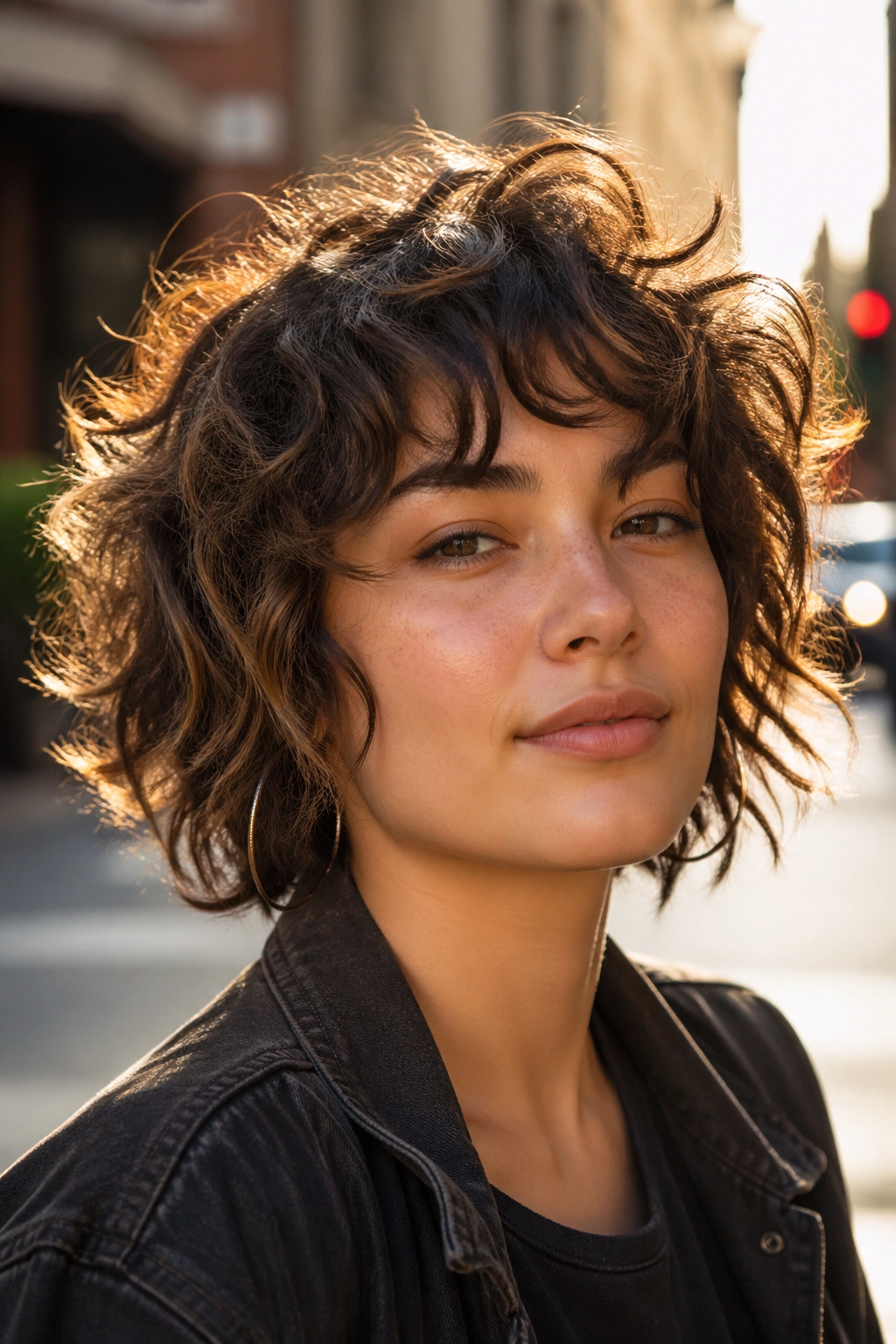 Close-up of a real woman with a short curly shag hairstyle