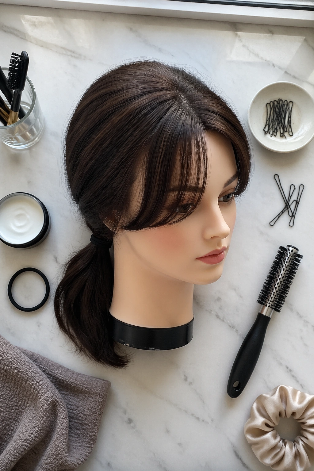 Overhead flat-lay of a head with short curtain bangs and a low ponytail with styling tools