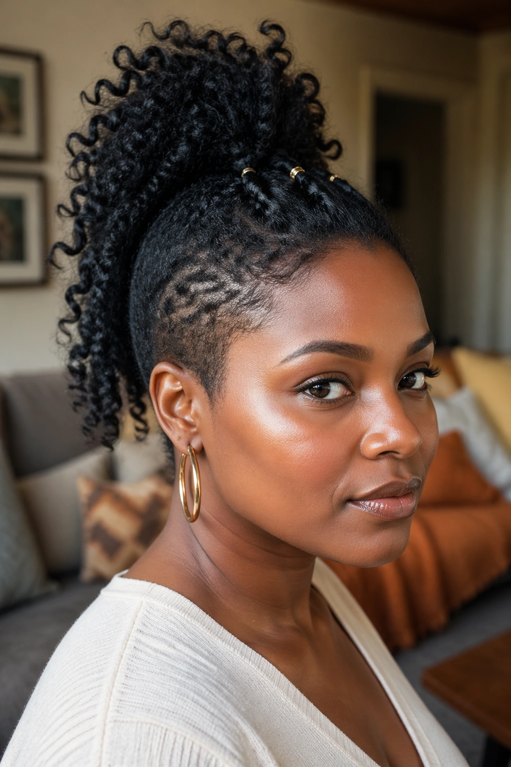 Close-up of a real woman with a tiny anchor ponytail on short natural hair