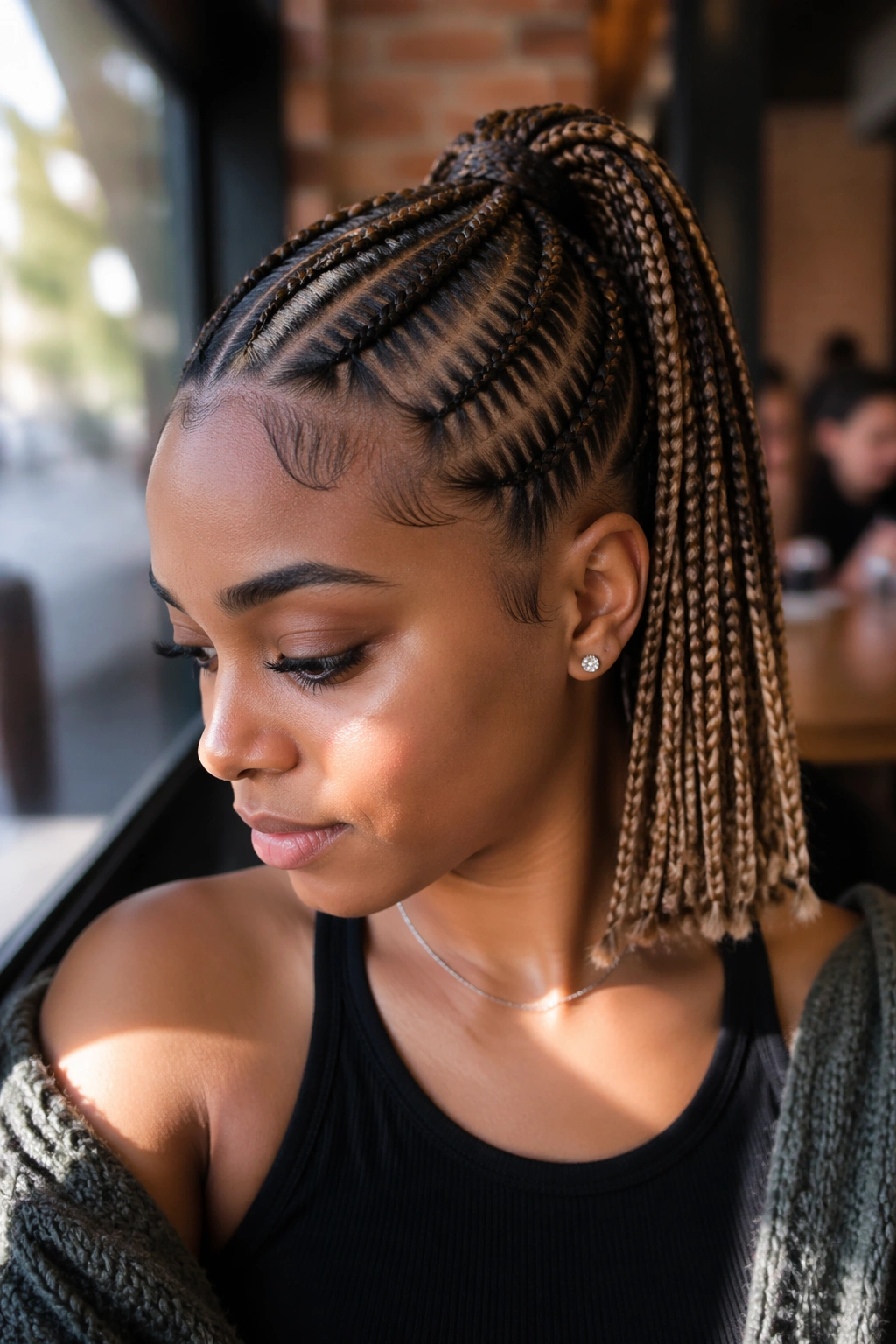 Close-up of a real woman with a shoulder-grazing short feed-in braided ponytail under natural light