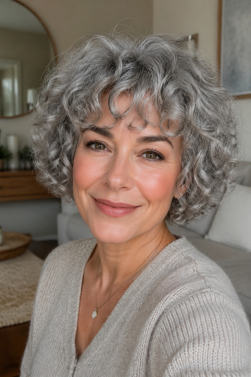 Close-up of a woman with a short grey bob and curly bangs framing her face.