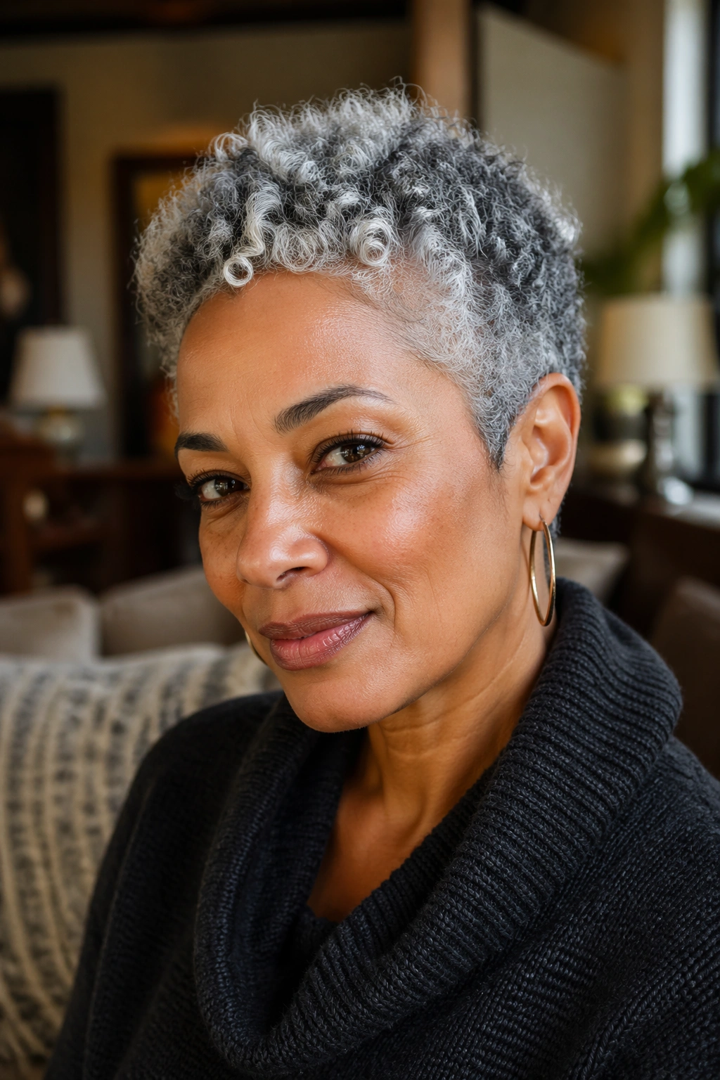 Close-up portrait of a woman with short grey curls showing compact silhouette and tonal variation