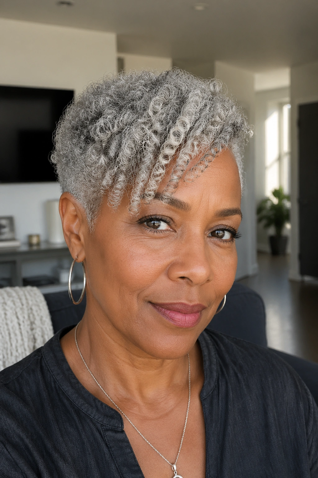 Portrait of person with short grey natural cut and fringe