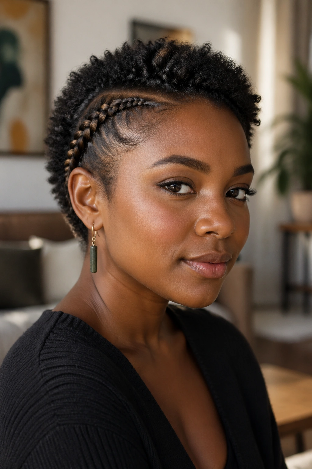 Real person with short hair and a diagonal side accent braid