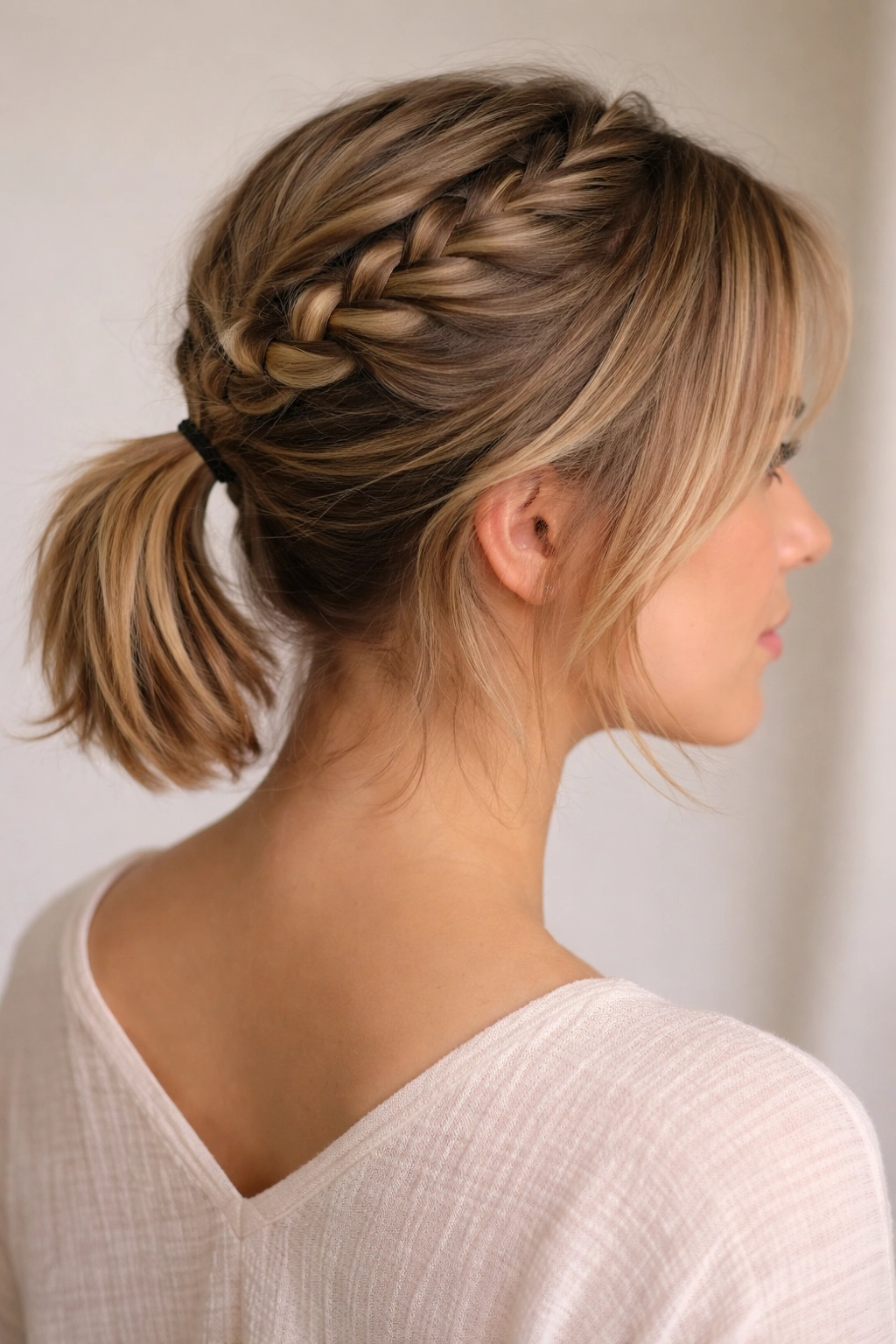 Short hair braided crown with small low ponytail at the back