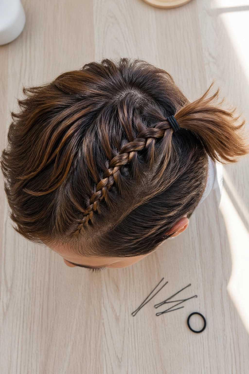 Overhead flat-lay of short-hair braided ponytail with accessories.