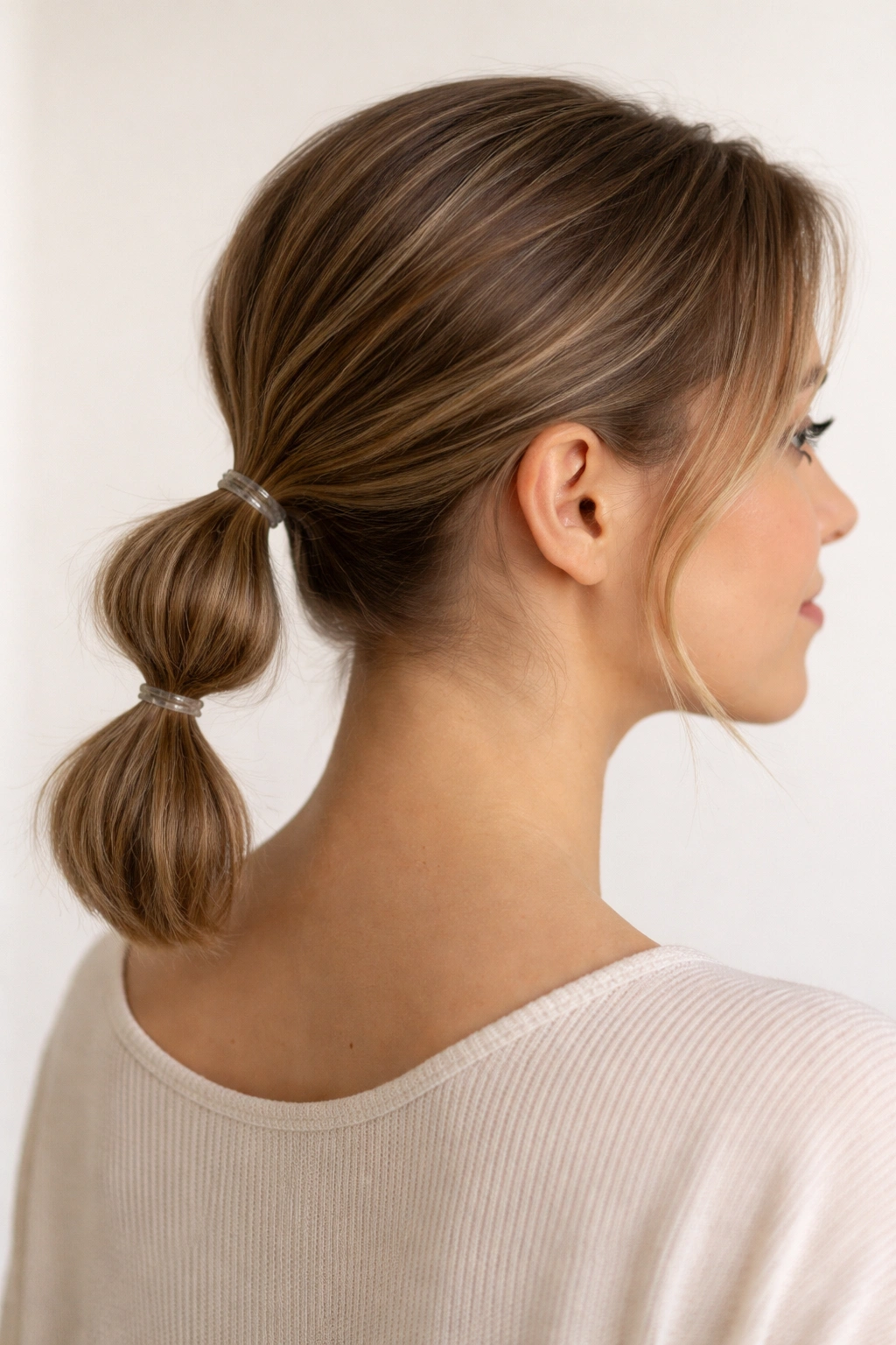 Short hair double bubble ponytail with compact bubbles at the nape