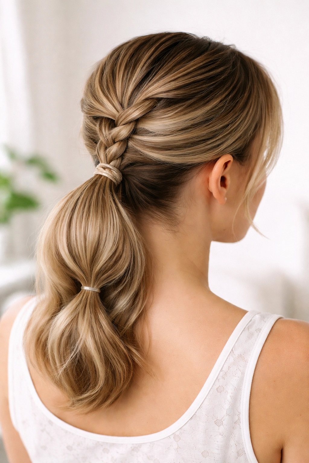 Low bubble braid on short hair with clip-in extension forming two to three bubbles