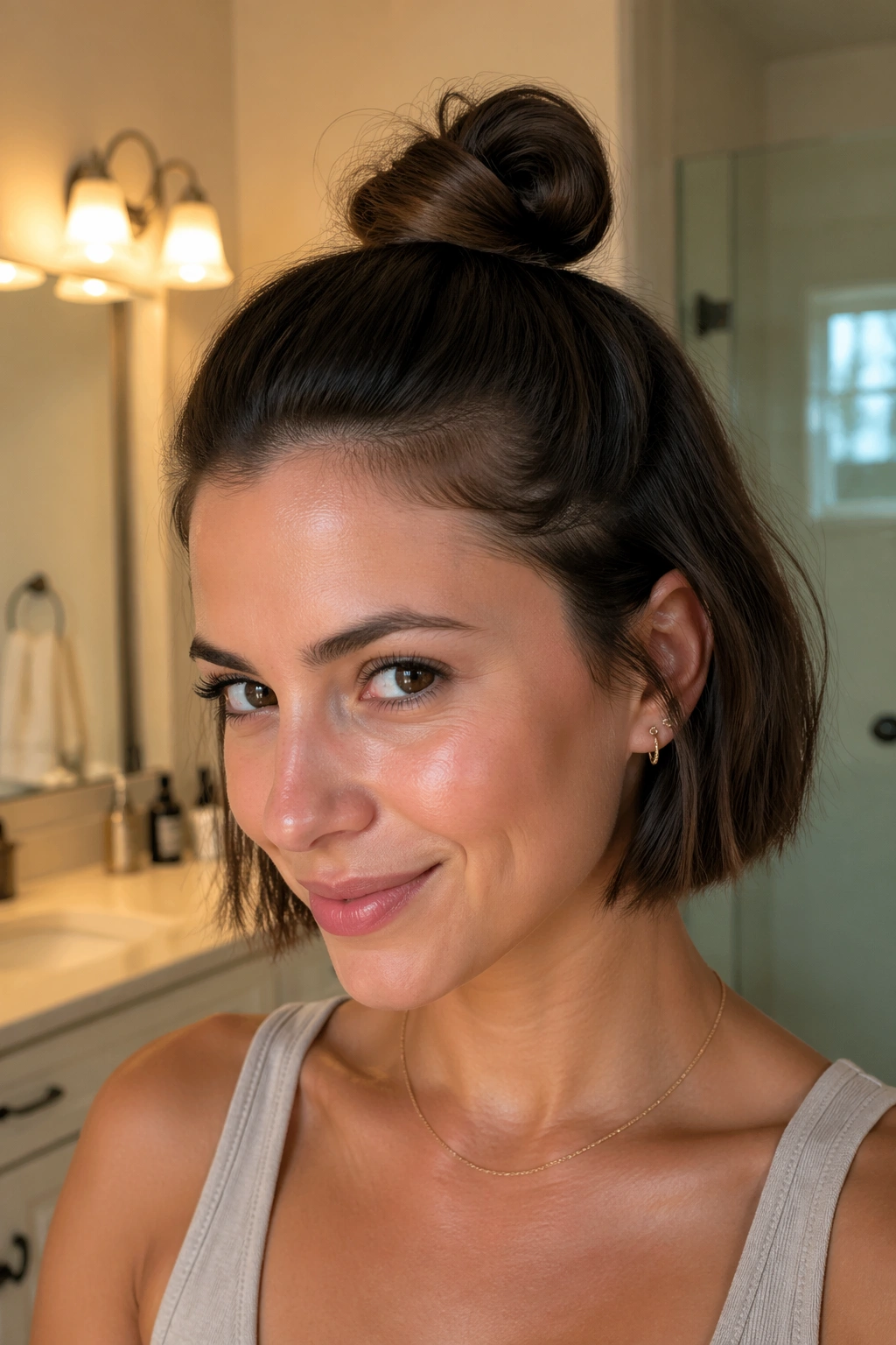 Close-up of a real woman with a short haircut and a small half-up bun