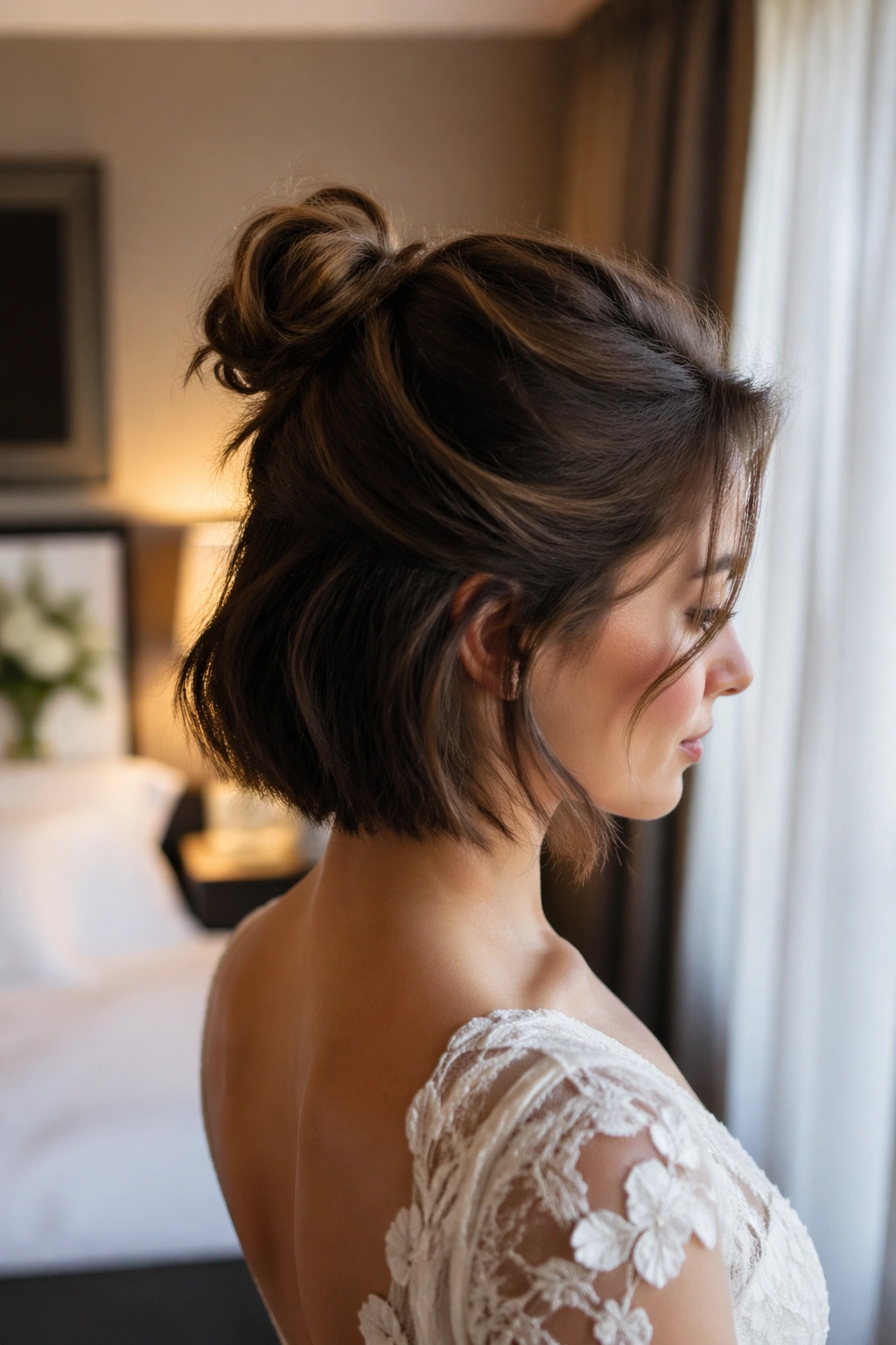 Side profile of short hair half up bun in soft hotel room light