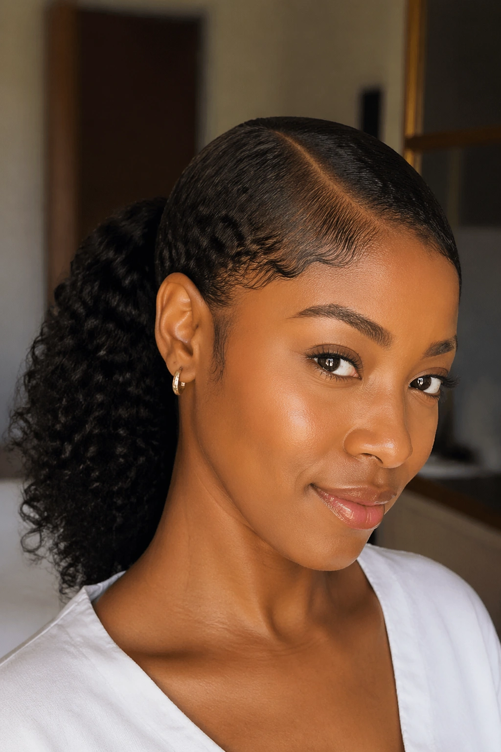 Close-up of short hair styled into a side-part ponytail with clip-in extension on a real person