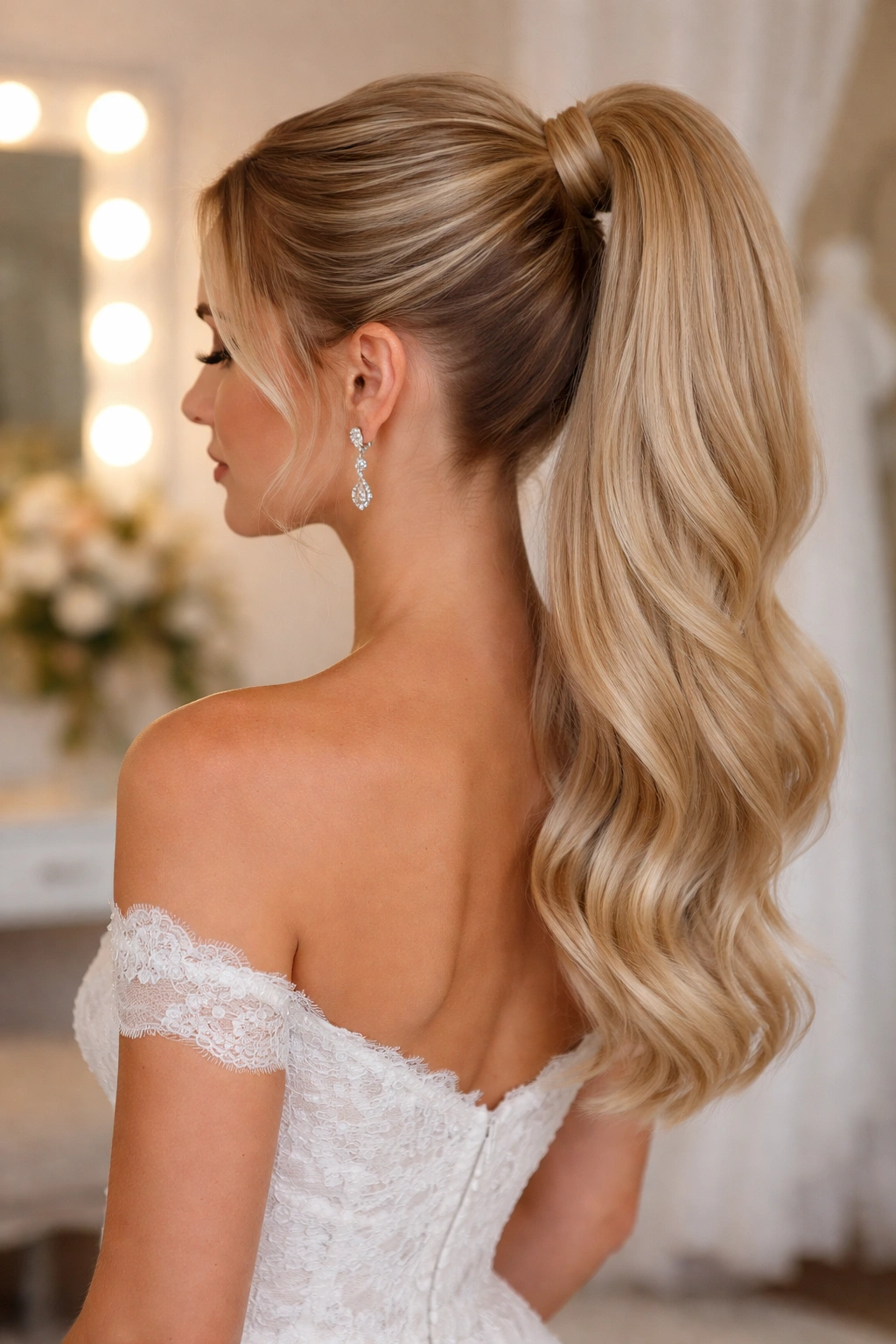 Close-up of a real bride with a high ponytail achieved with extensions