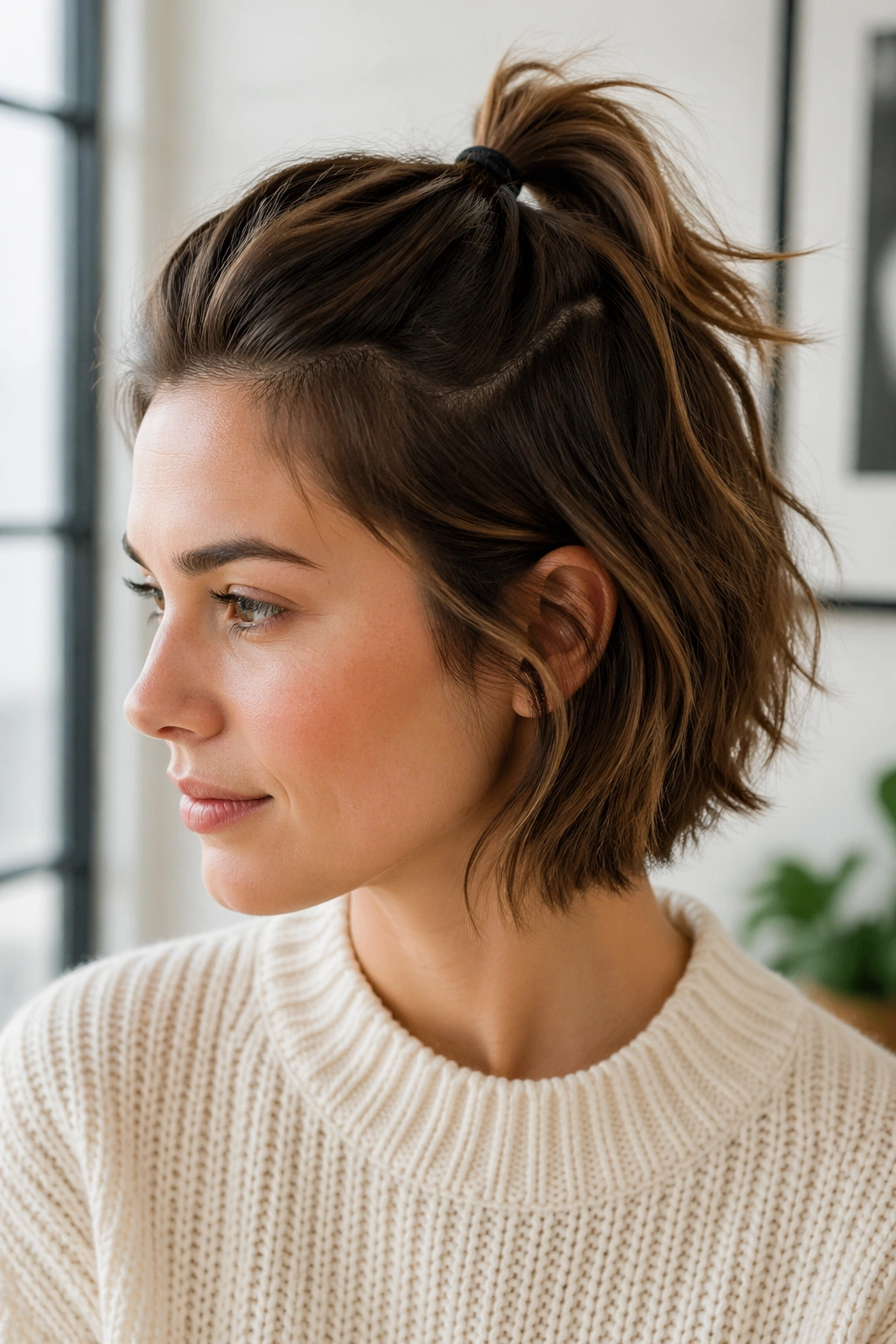 Real person with short hair in a half-up ponytail, top secured near the crown.