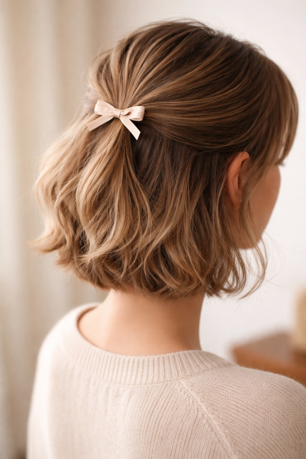 Close-up of a short bob with a tiny bow securing the top section at the crown