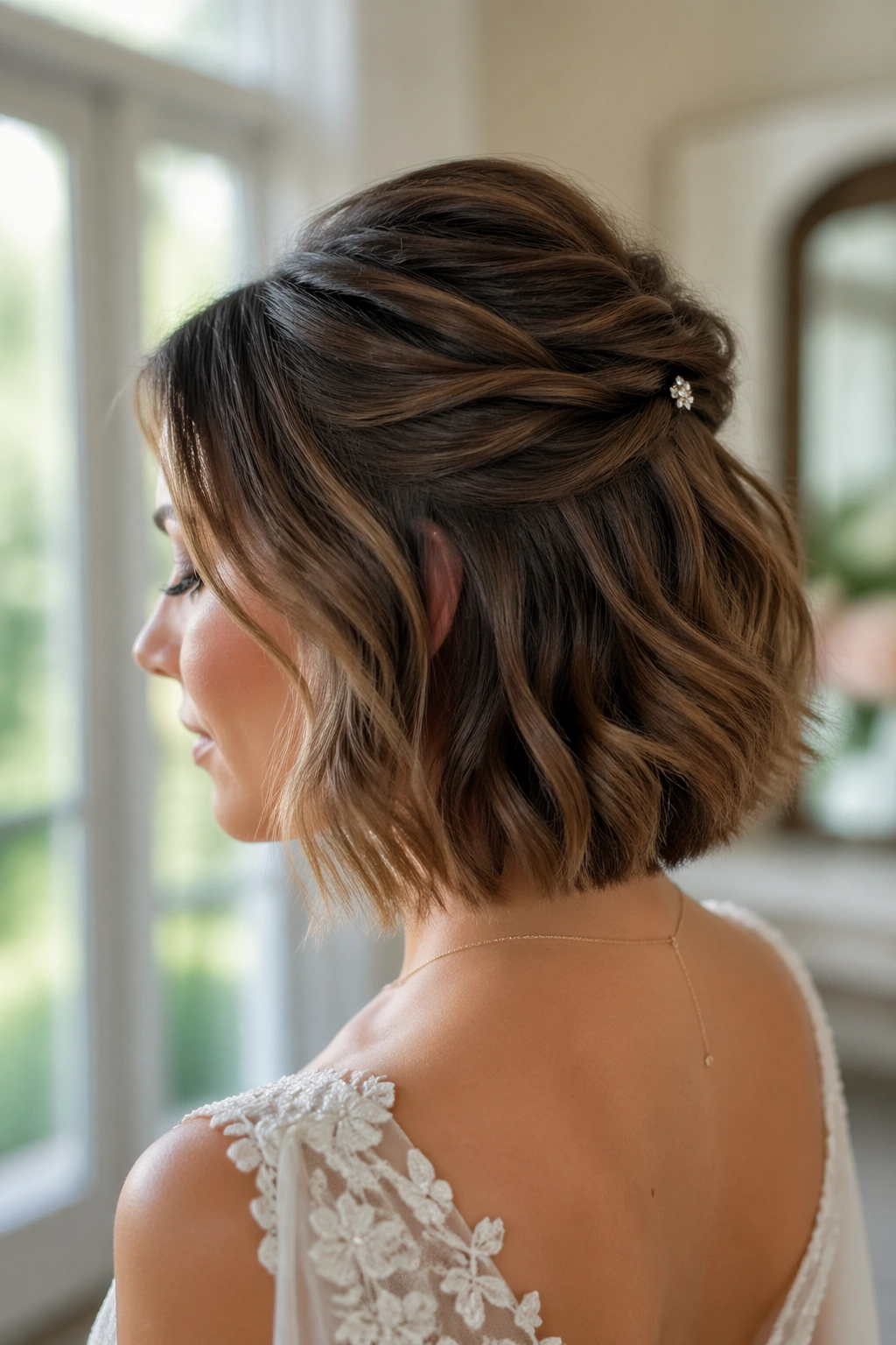 Close-up of real woman with short textured hair in a small half-up twist.