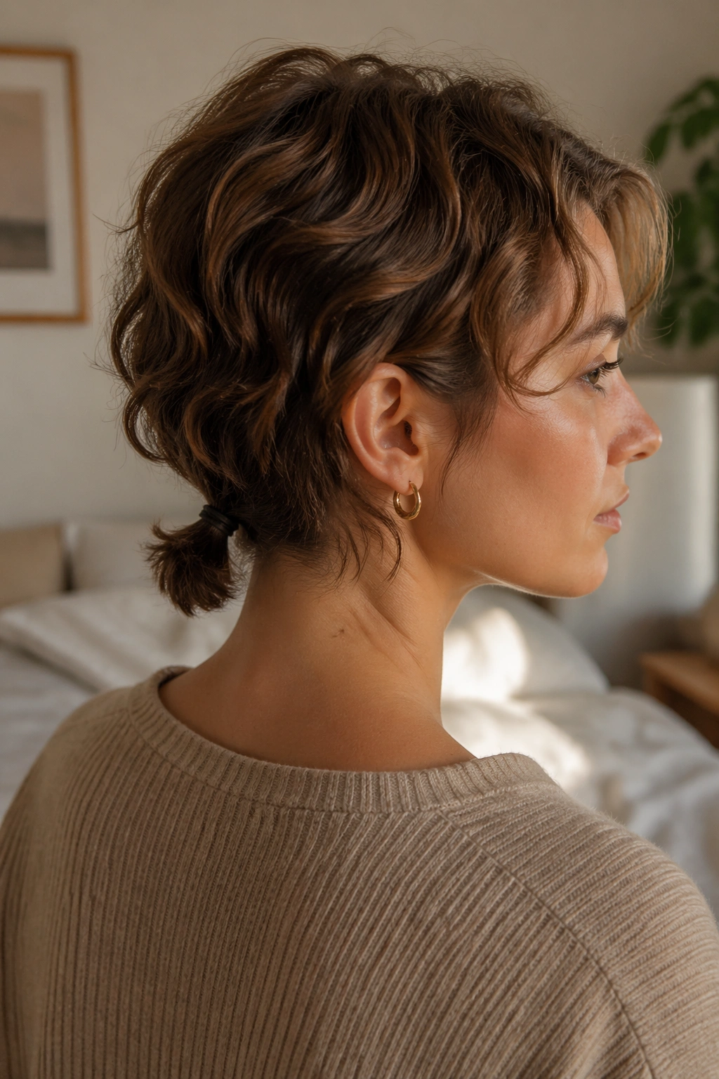 Close-up of a real woman with short wavy hair and a tiny nape ponytail.