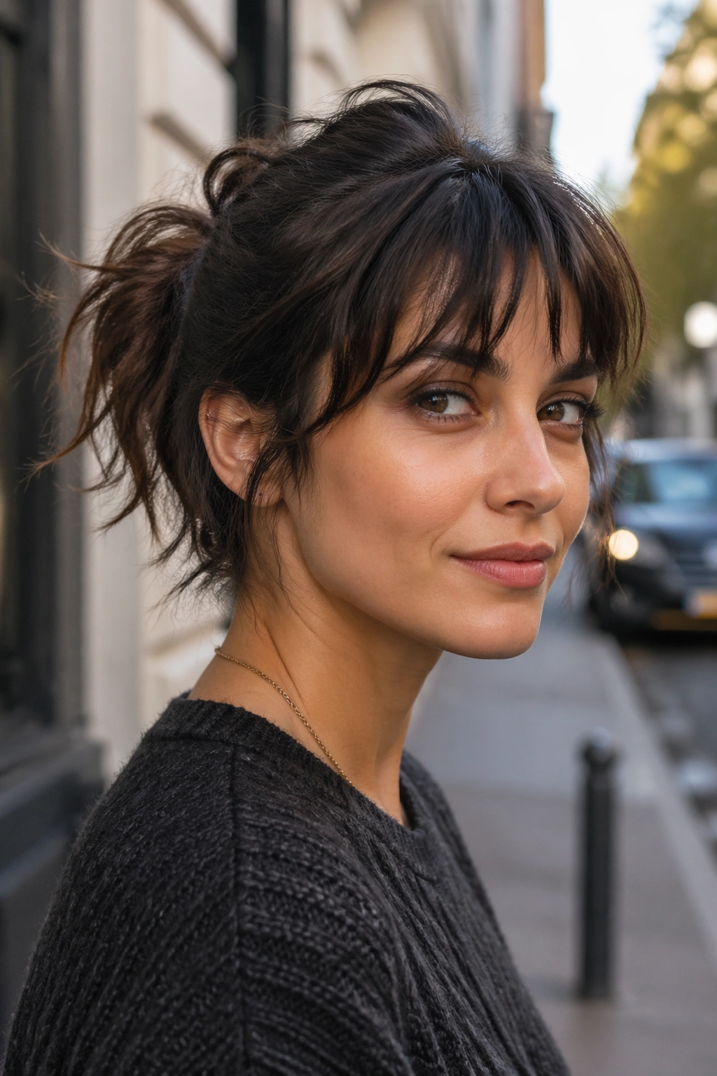 Real woman with short hair, messy ponytail and piecey bangs in daylight.
