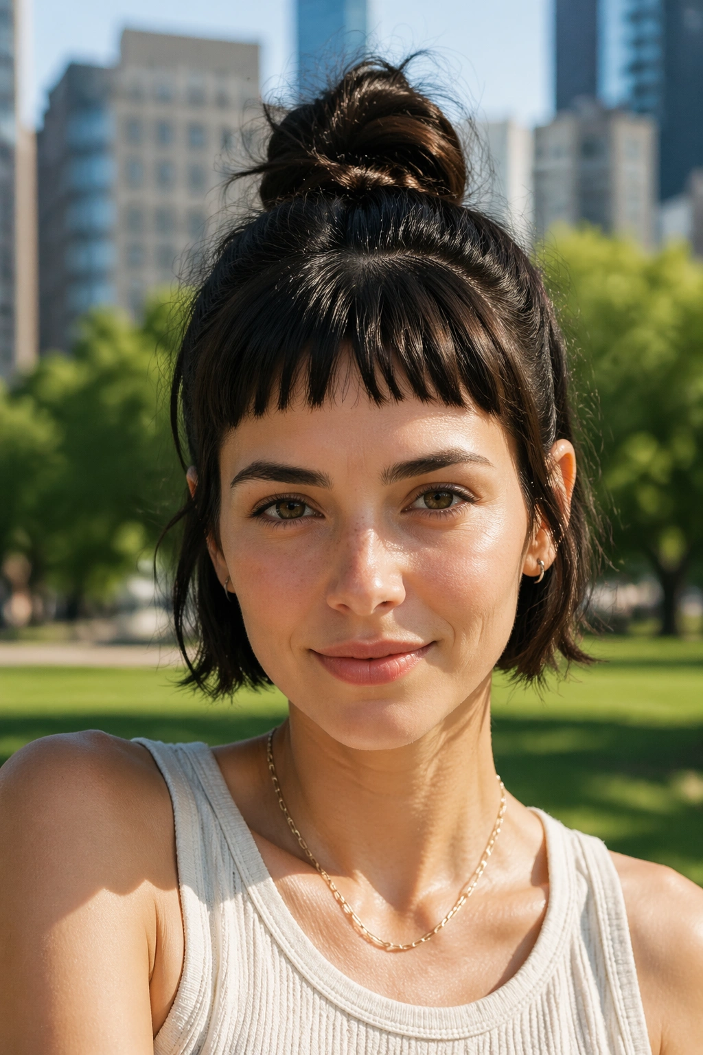 Hero shot of short hair with micro bangs in half-up ponytail.
