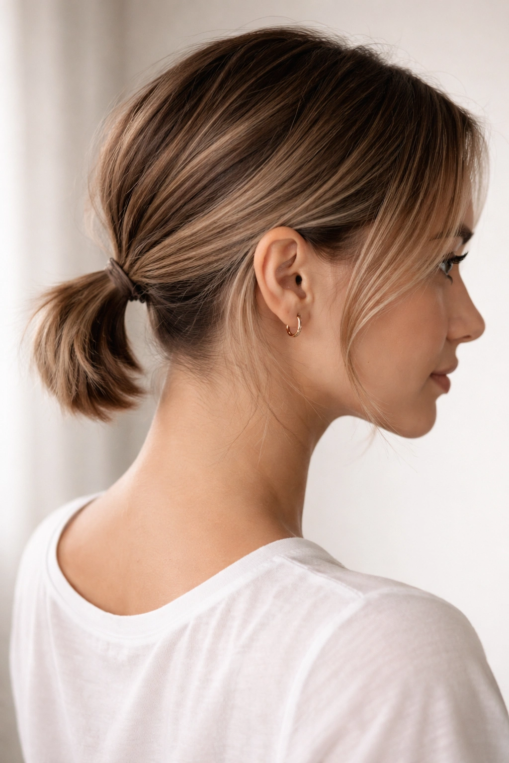 Mini low ponytail on short hair with small elastic at the nape