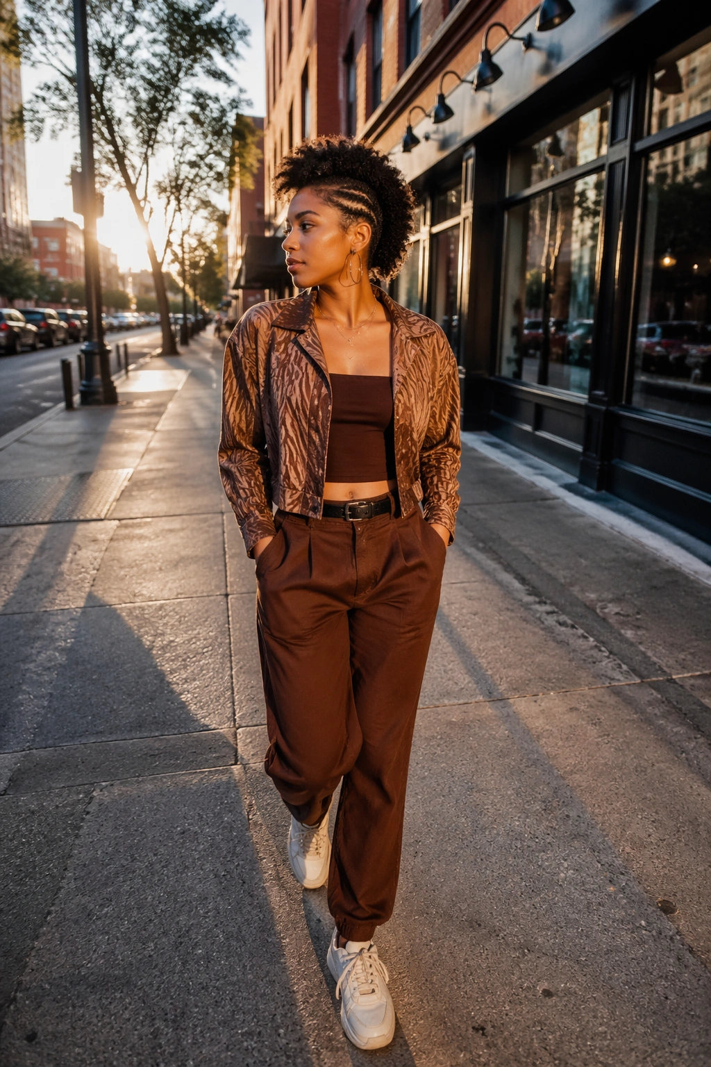 Full-body shot of mohawk twist-out on short hair on urban street at golden hour.